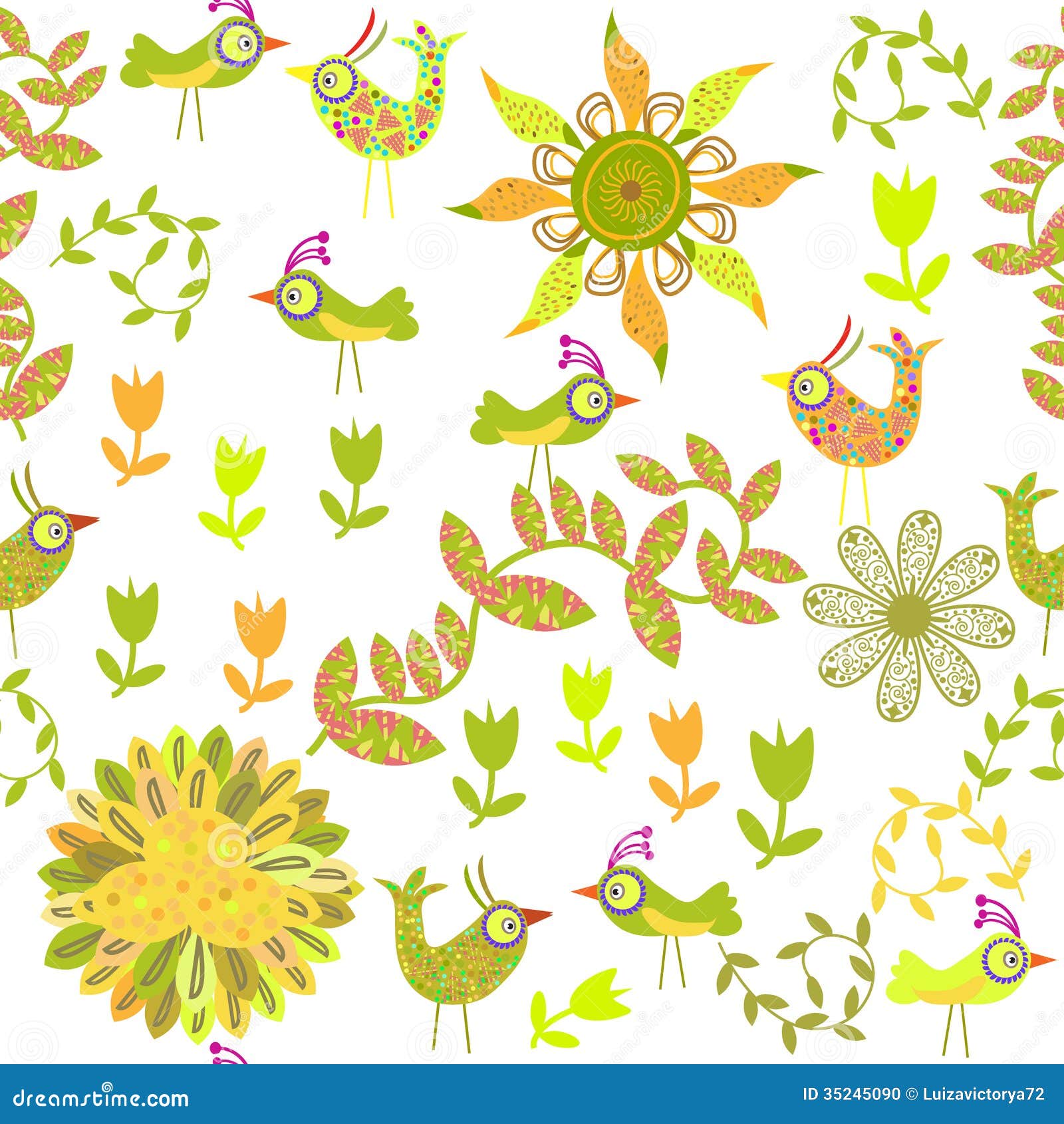  Cute  Seamless Pattern With Cartoon  Bird And Flower  Stock 