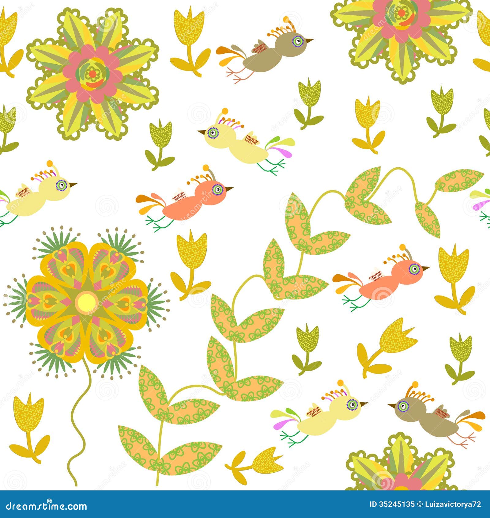  Cute  Seamless Pattern With Cartoon  Bird And Flower  Stock 