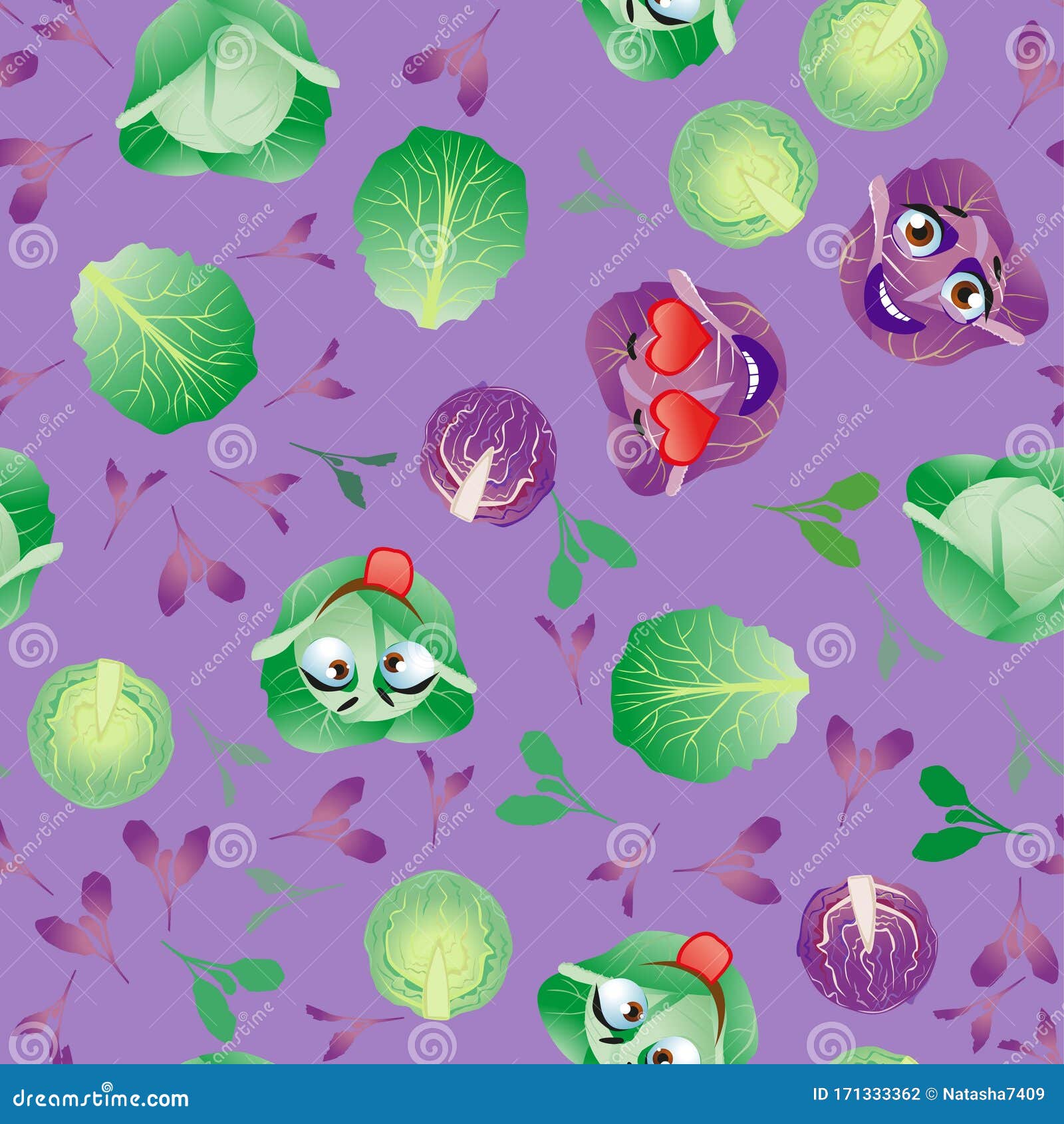 Cute Seamless Pattern with Cartoon Emoji Cabbage Stock Vector