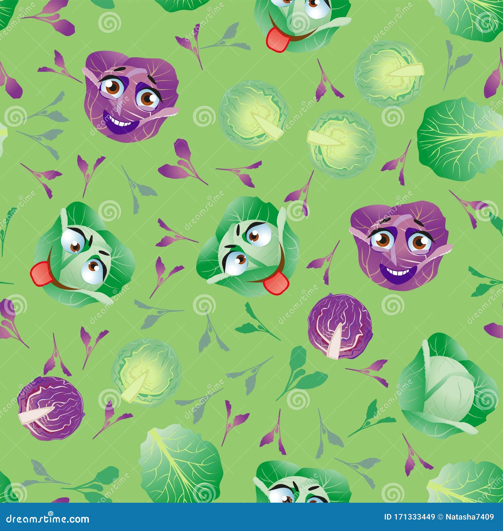 Cute Seamless Pattern With Cartoon Emoji Cabbage Stock Vector
