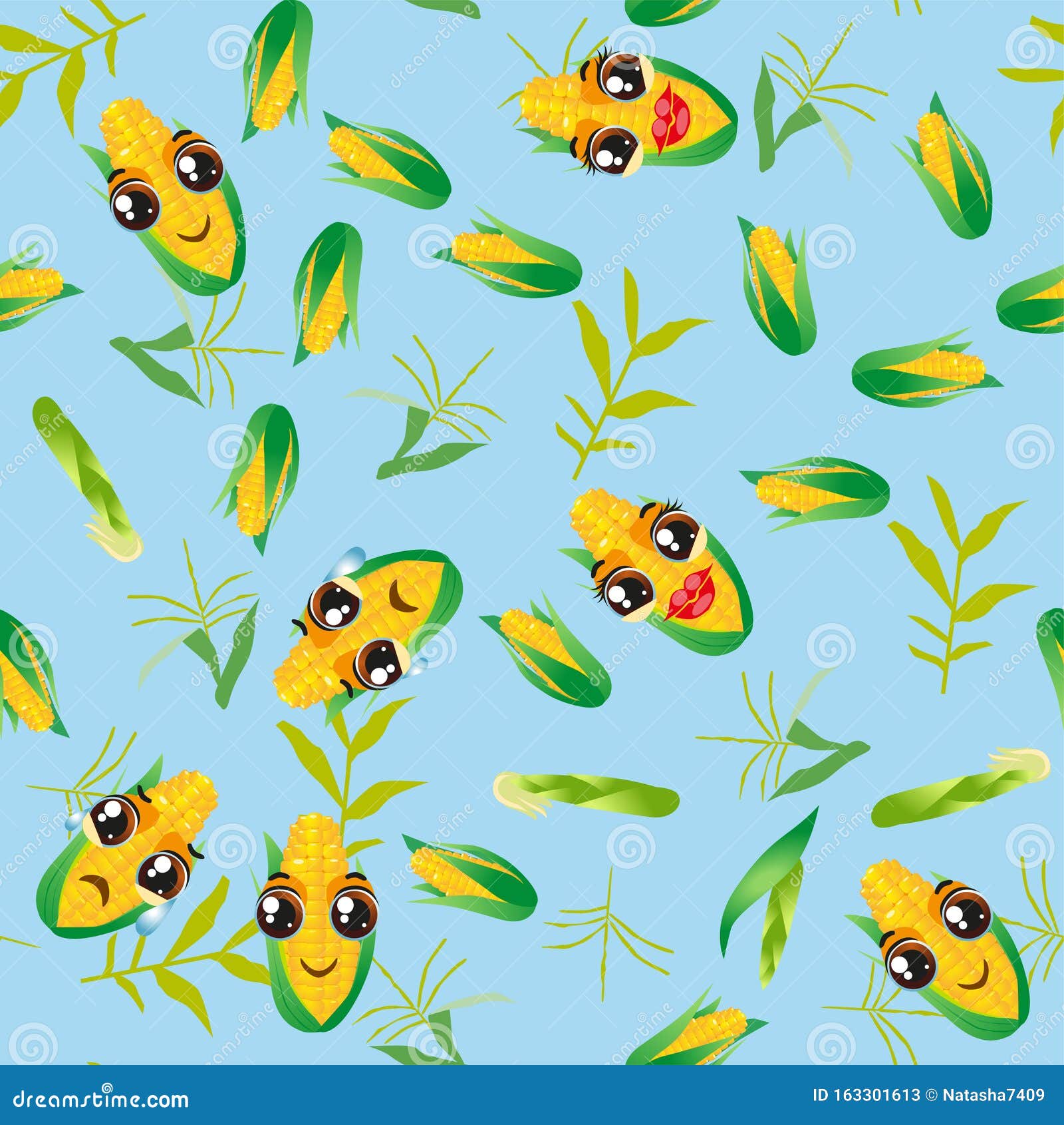 Cute Seamless Pattern with Cartoon Emoji Corn Stock Vector