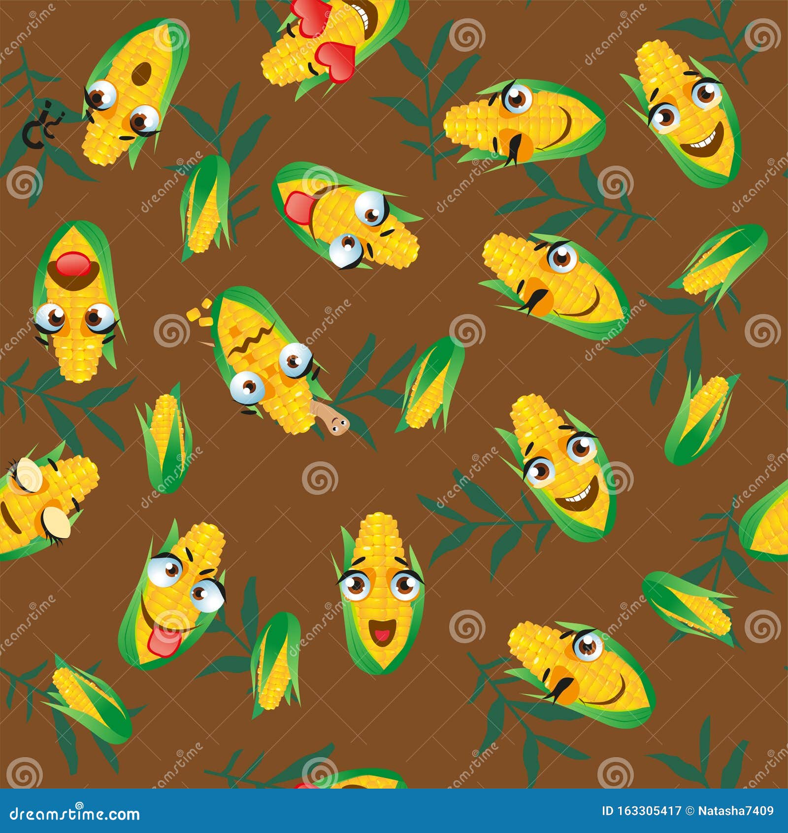 Cute Seamless Pattern with Cartoon Emoji Corn Stock Vector