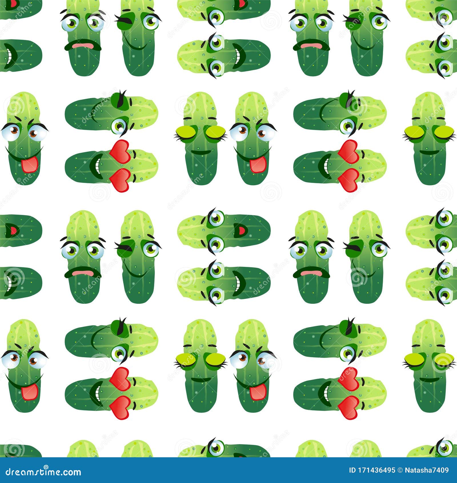 Cute Seamless Pattern with Cartoon Emoji Cucumber Stock Vector
