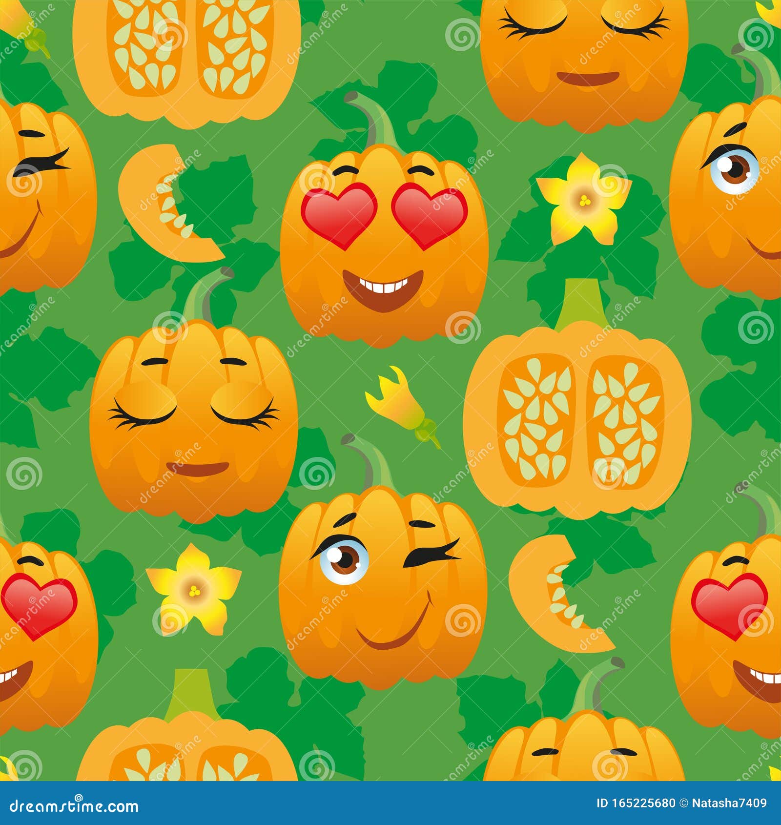 Cute Seamless Pattern with Cartoon Emoji Pumpkin Stock Vector