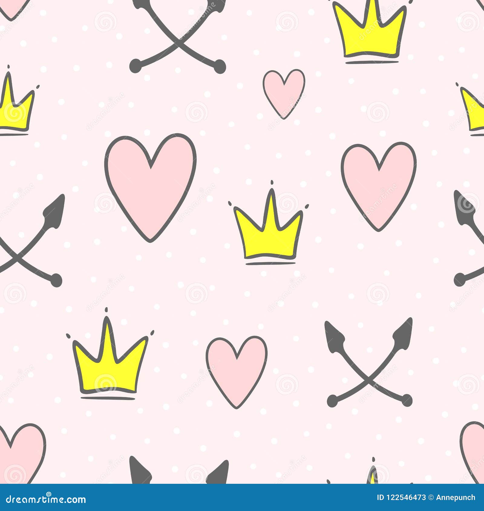 cute seamless pattern with crowns, hearts, crossed arrows and round dots. endless girlish print.