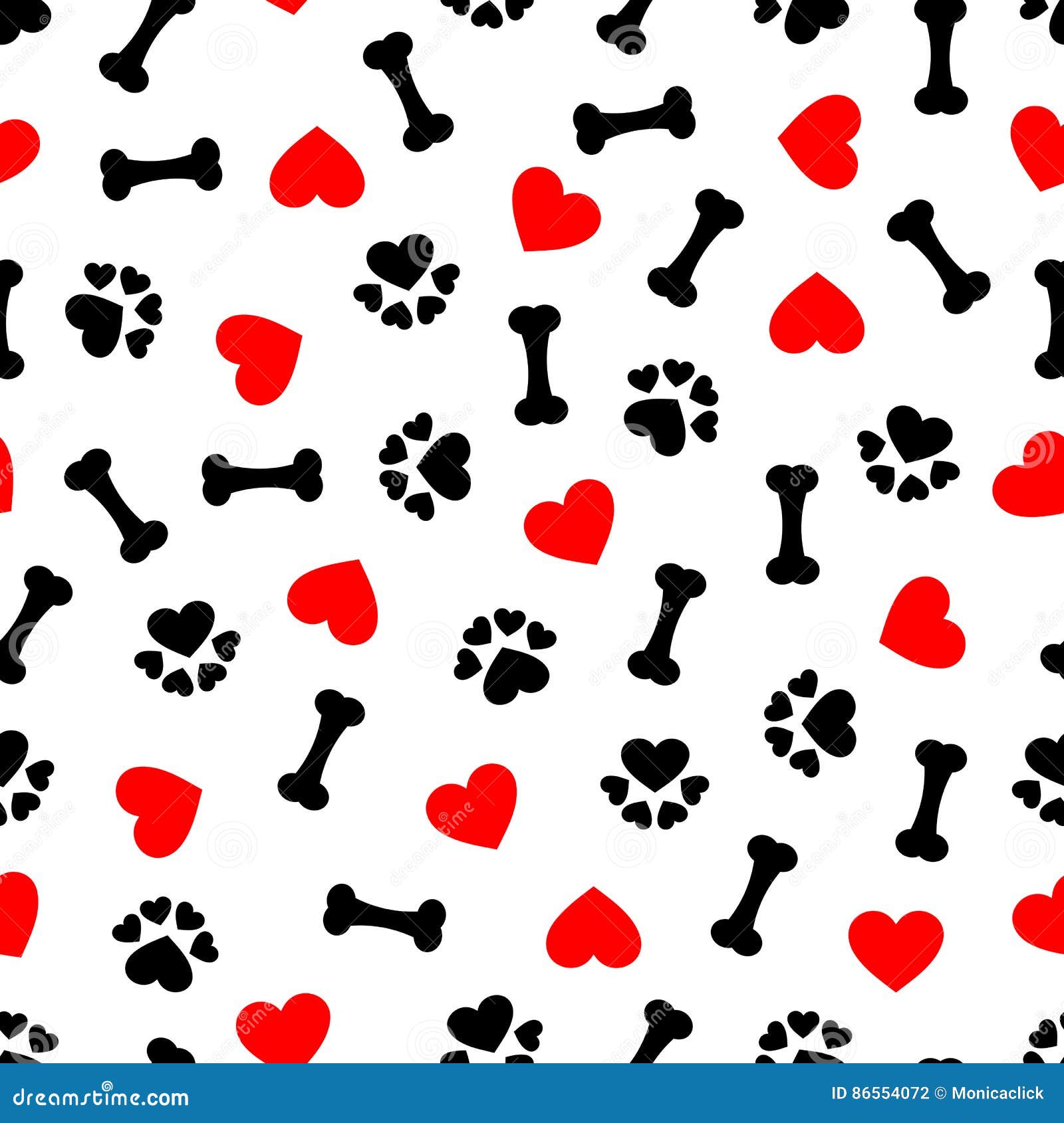 cute seamless pattern with dog bone, paw print and red heart, transparent background