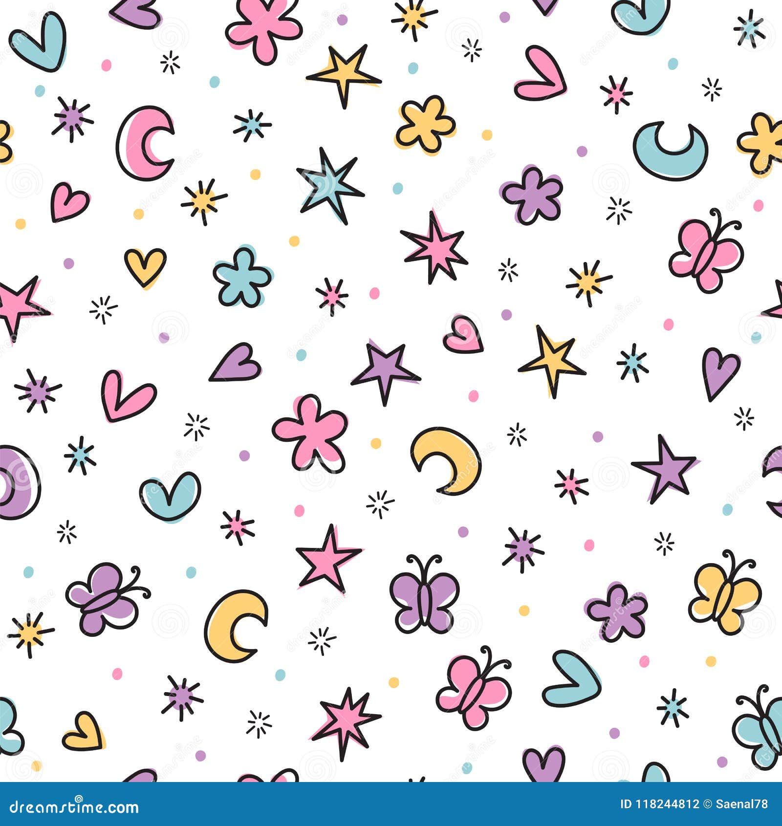 Cute Seamless Pattern with Hand Drawn Cartoon Elements for Kids ...