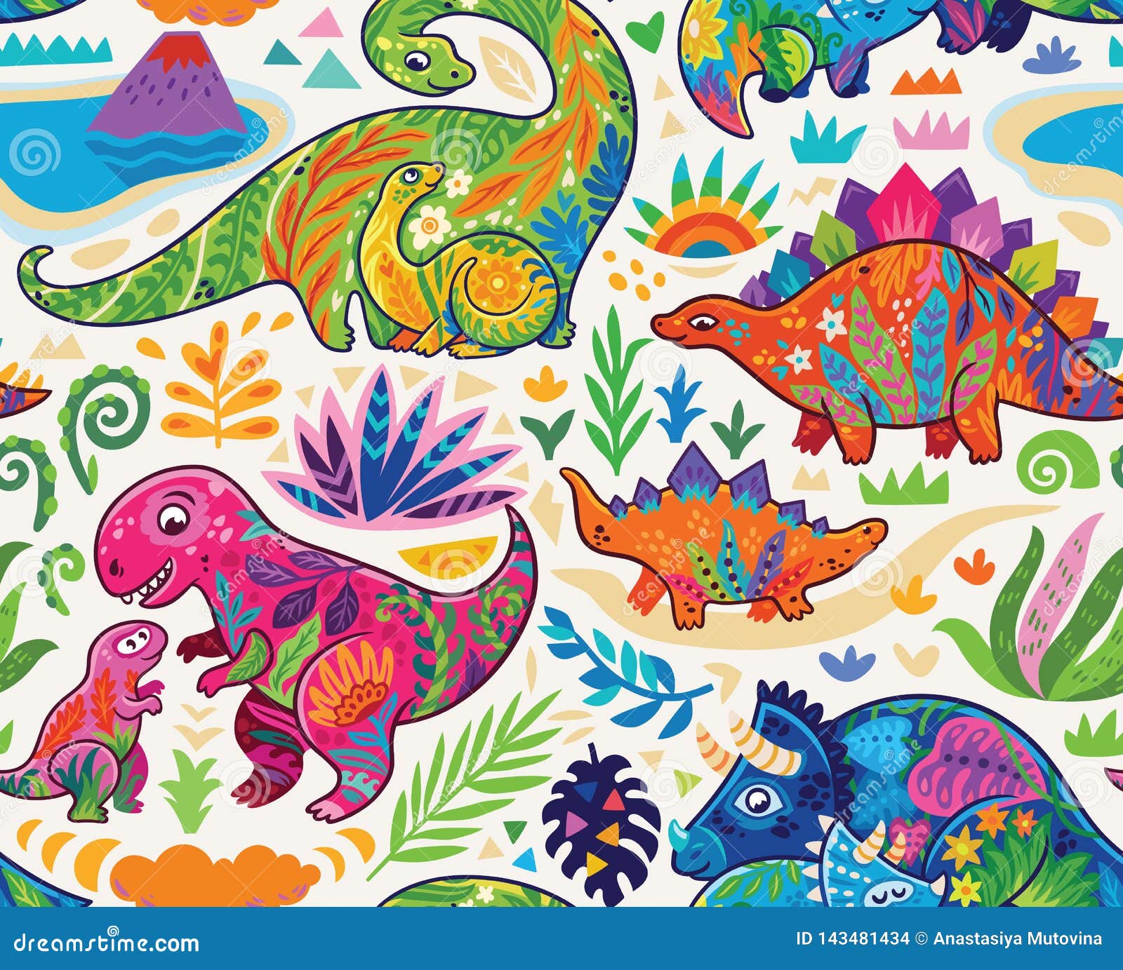 Download Cute Seamless Pattern With Mom And Baby Dinosaurs And ...