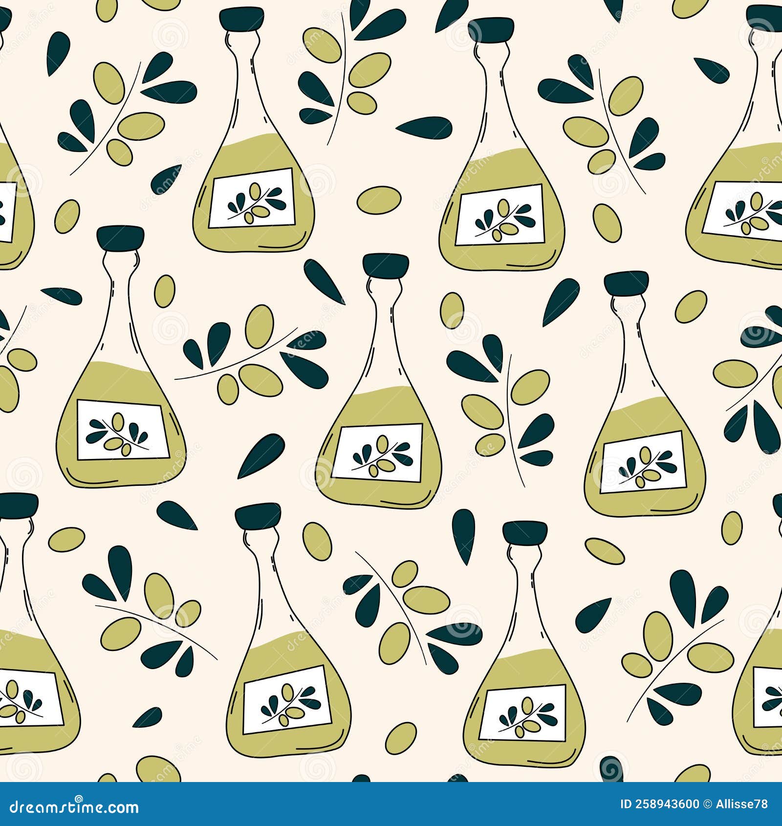 Cute Seamless Pattern with Oil Bottles and Olive Stock Vector