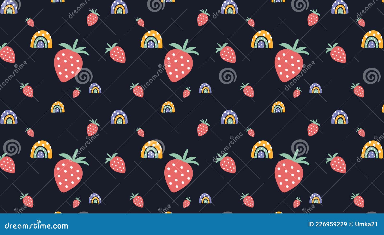 Pattern with Strawberries and Rainbows on Black Stock Vector