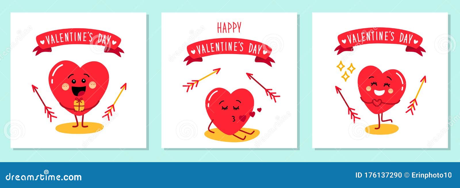 Cute Set of Holiday Valentines Day Cards with Funny Cartoon ...