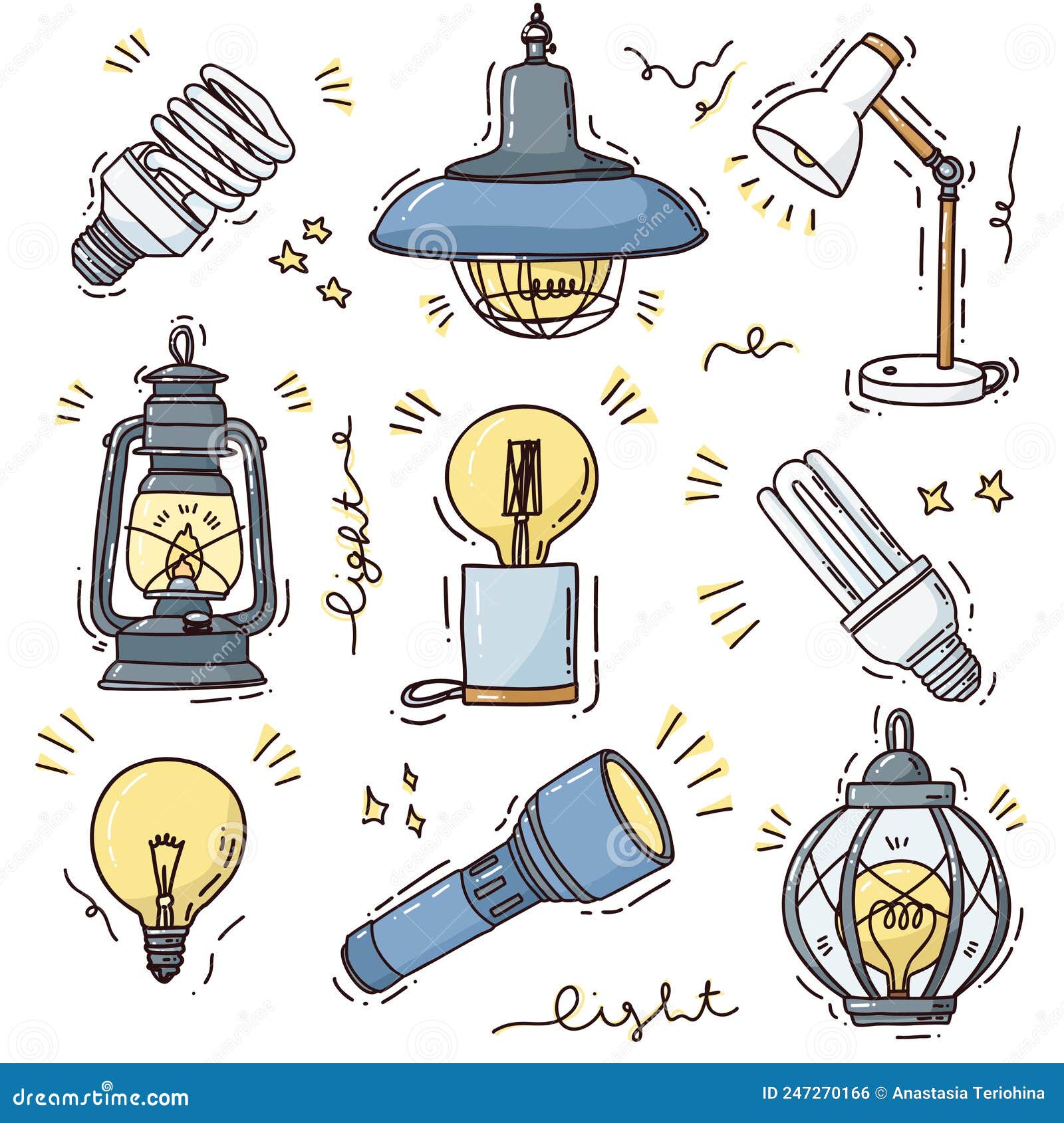 Cute Set with Light Bulbs and Lamps Stock Vector Illustration of