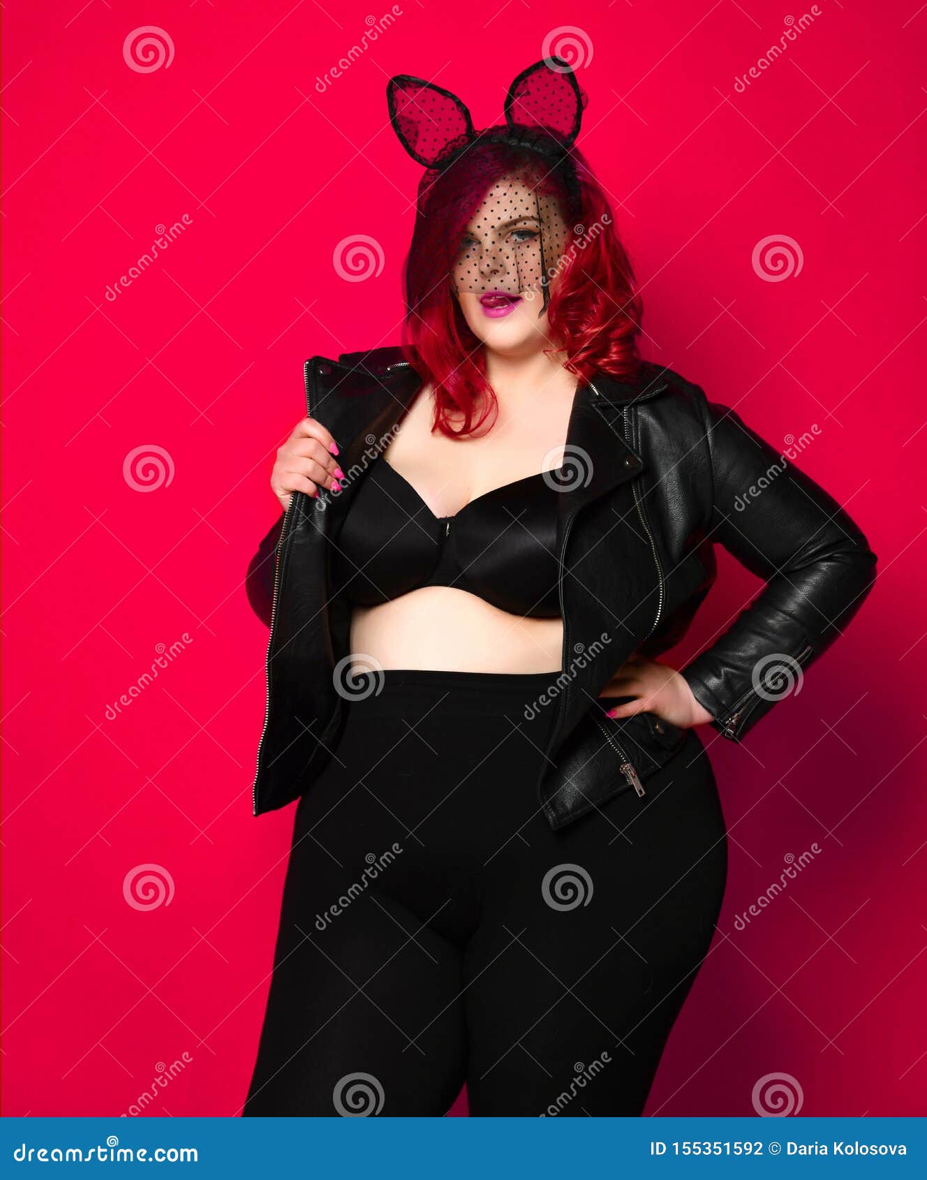 Cute Plus Size Brunette with Black Bunny Ears in Leather Jacket and  Underwear Posing on Red Background Stock Photo - Image of hare, lose:  155351592