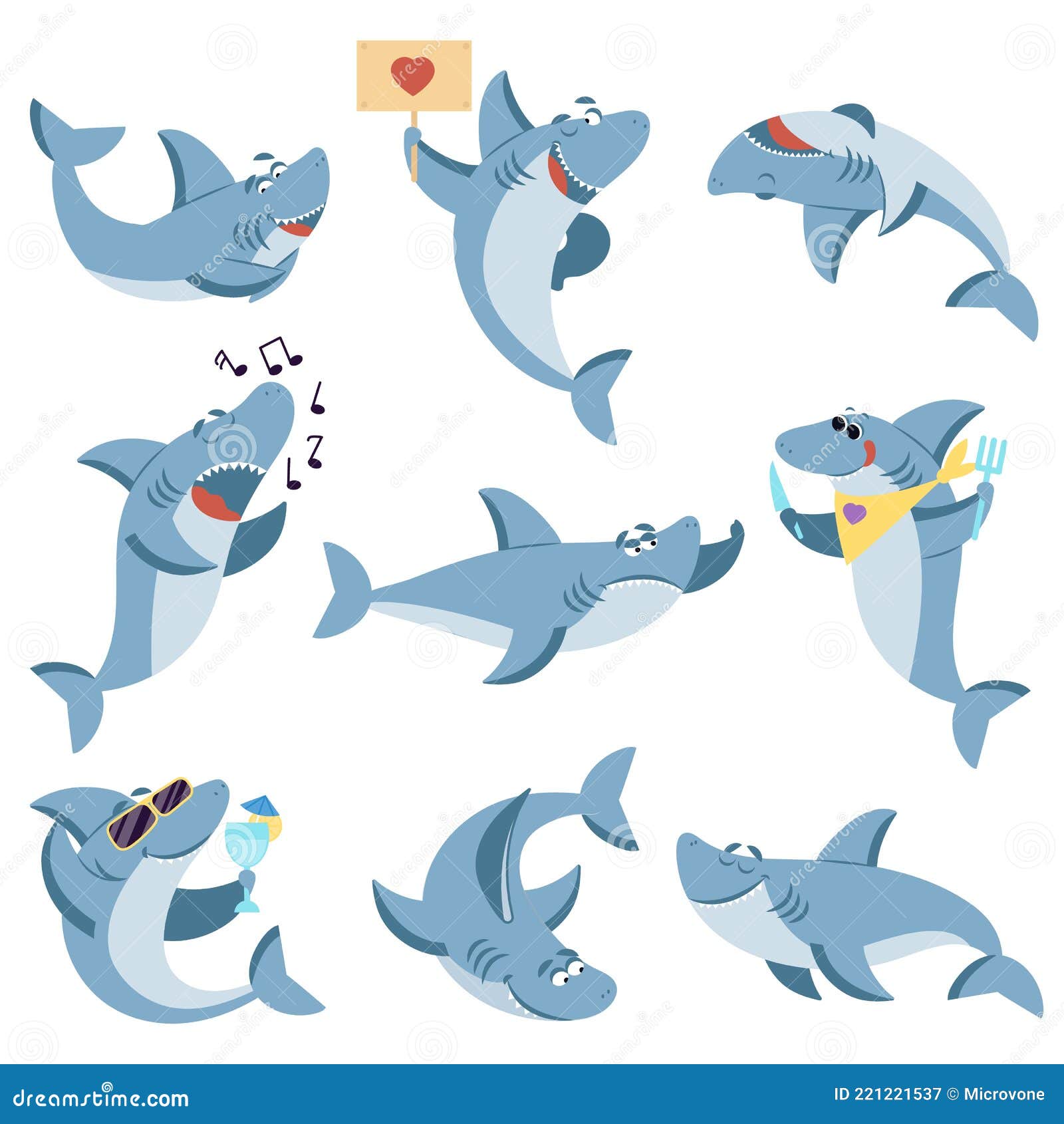 Cute Sharks Set. Ocean Life, Isolated Shark Scary. Underwater Cartoon ...