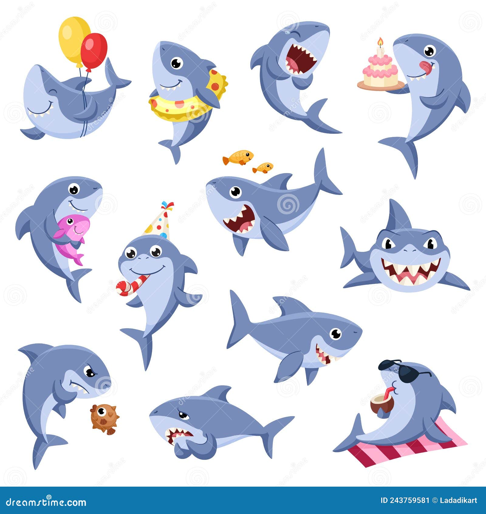 Cute Sharks Set. Underwater Sharks, Marine Cartoon Animals. Sea Danger ...