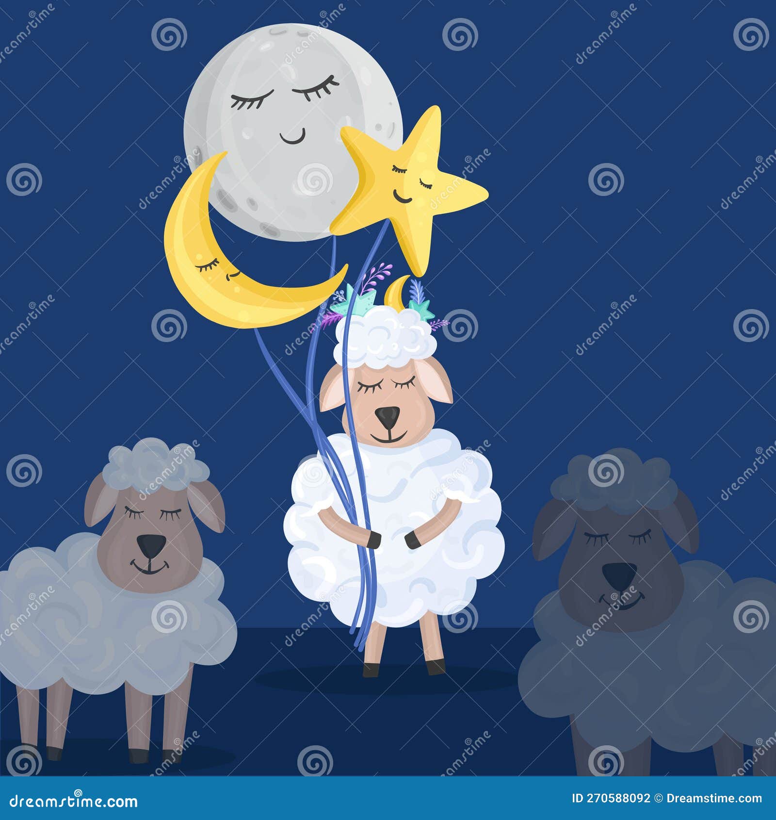 The Cute Sheep is Holding Balloons - Moon and Star in Cartoon Style ...