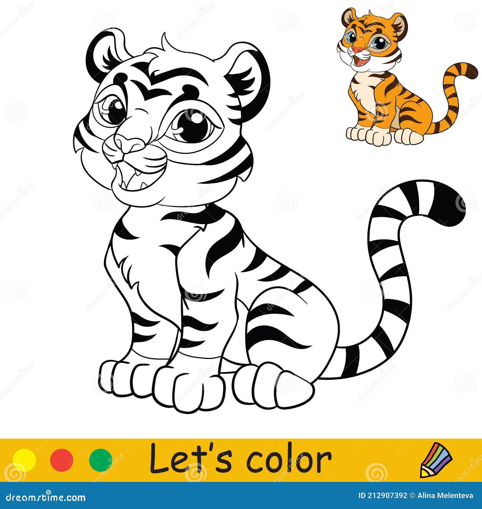 Cute Sitting Tiger Coloring with Colorful Template Vector Stock Vector -  Illustration of mascot, book: 212907392