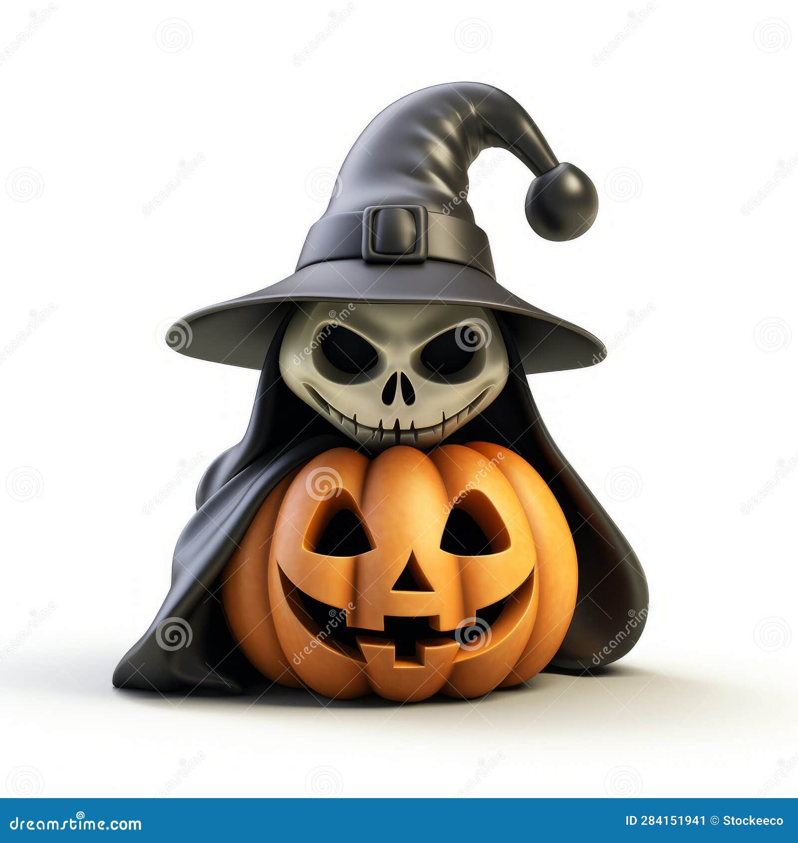 cute skeleton jackolantern 3d render with grim reaper hat
