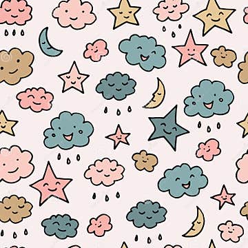 Cute Sky Pattern. Seamless Vector Illustration with Smiling, Sleeping ...