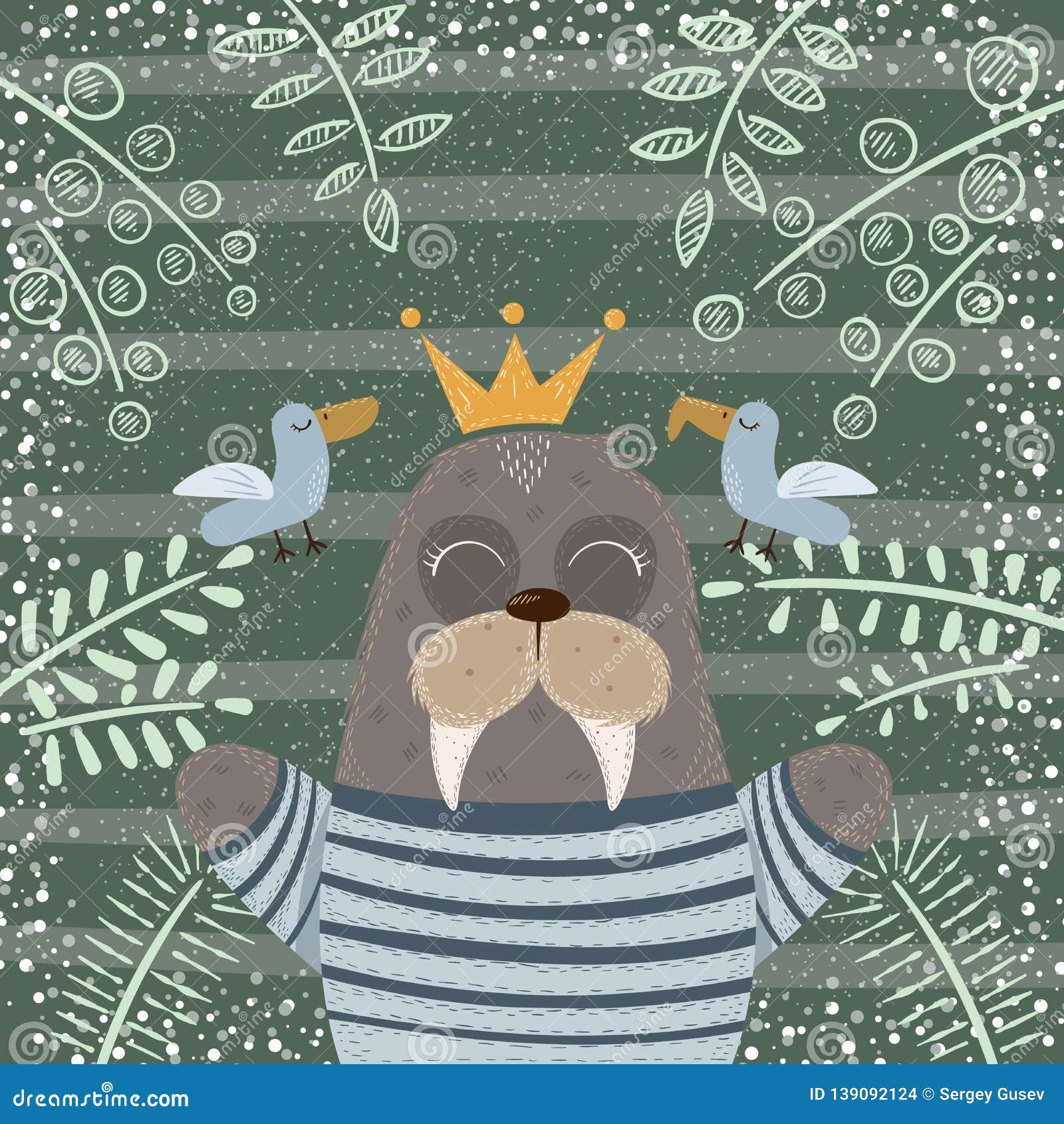 Cute Sleep Walrus with Gull. Stock Vector - Illustration of island