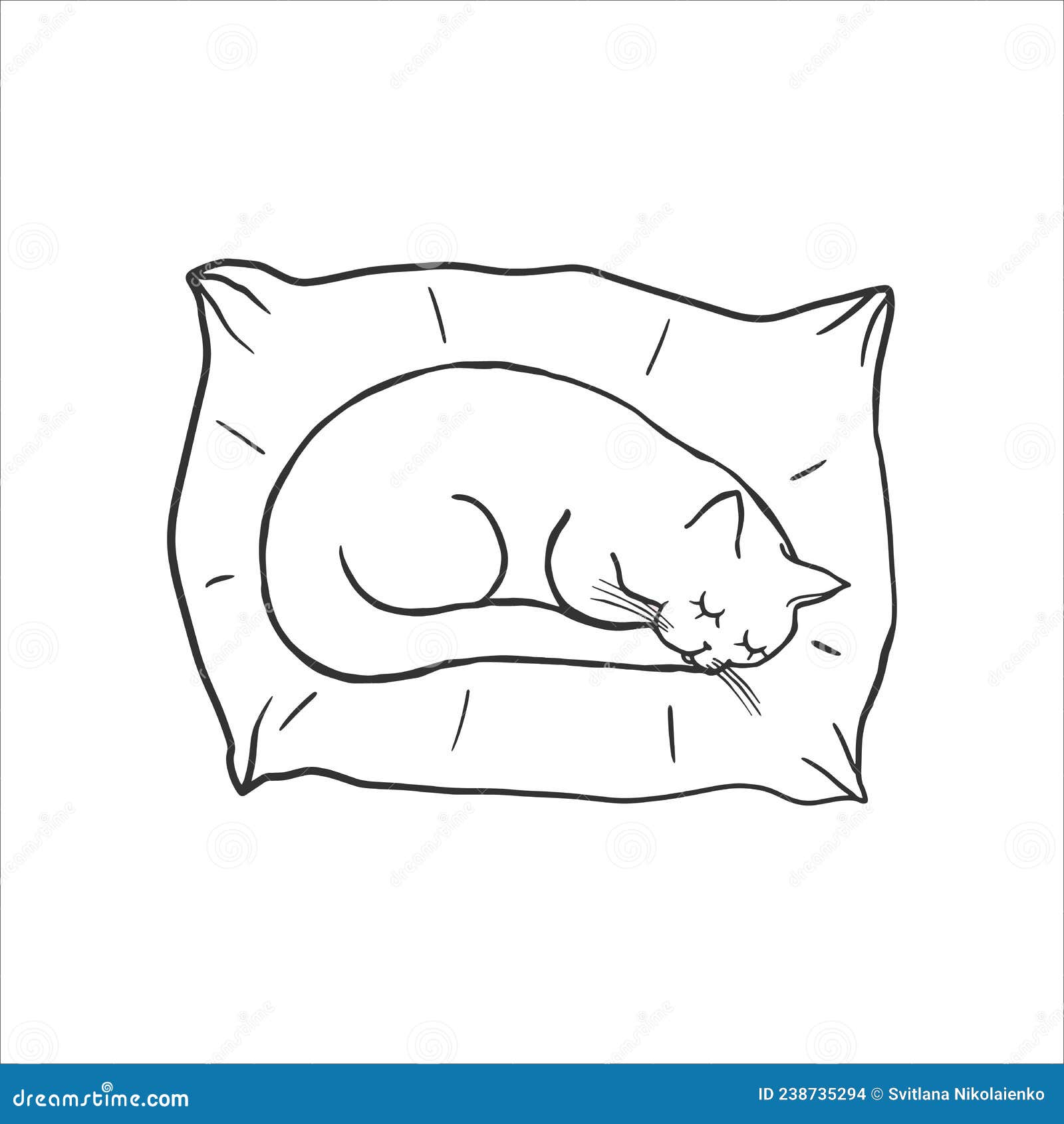 cute sleeping cat on the pillow. baby doodle. coloring pages. cartoon character cat, childish outline . hand