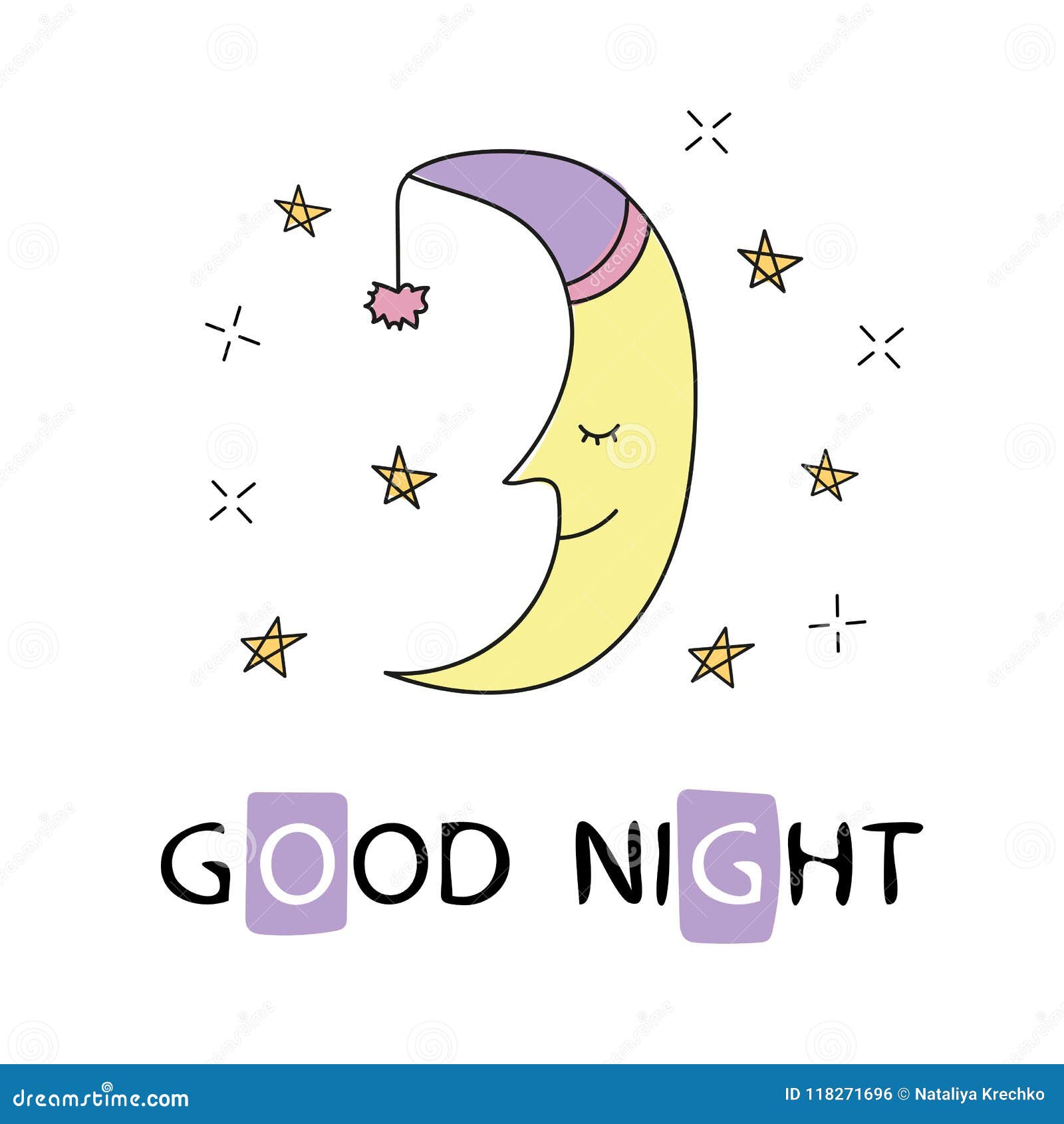 Cute Sleeping Crescent Moon in the Night Sky. Inscription Good Night ...