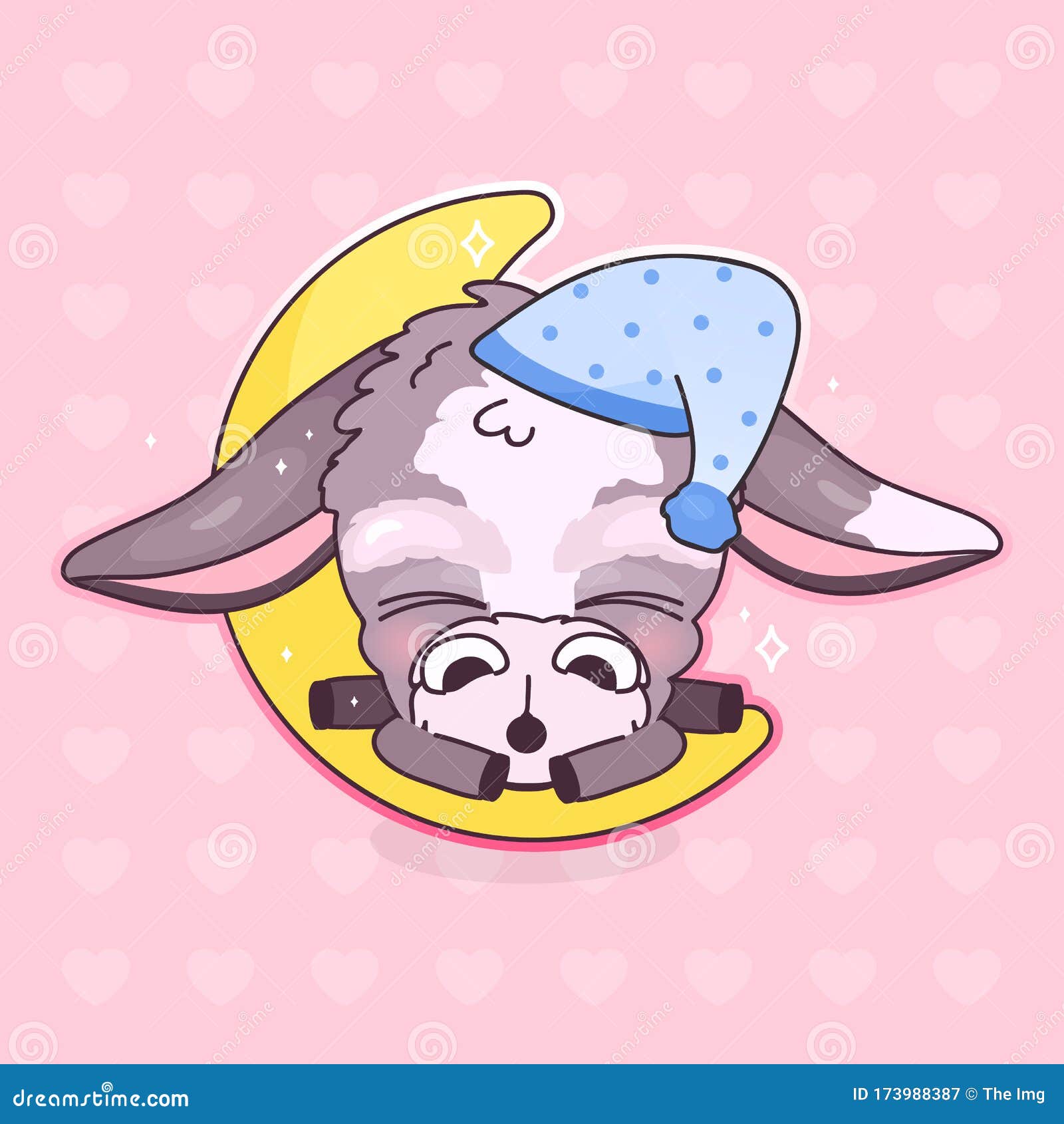 cute sleeping donkey kawaii cartoon  character. adorable and funny sleeping animal in night cap  sticker, patch.
