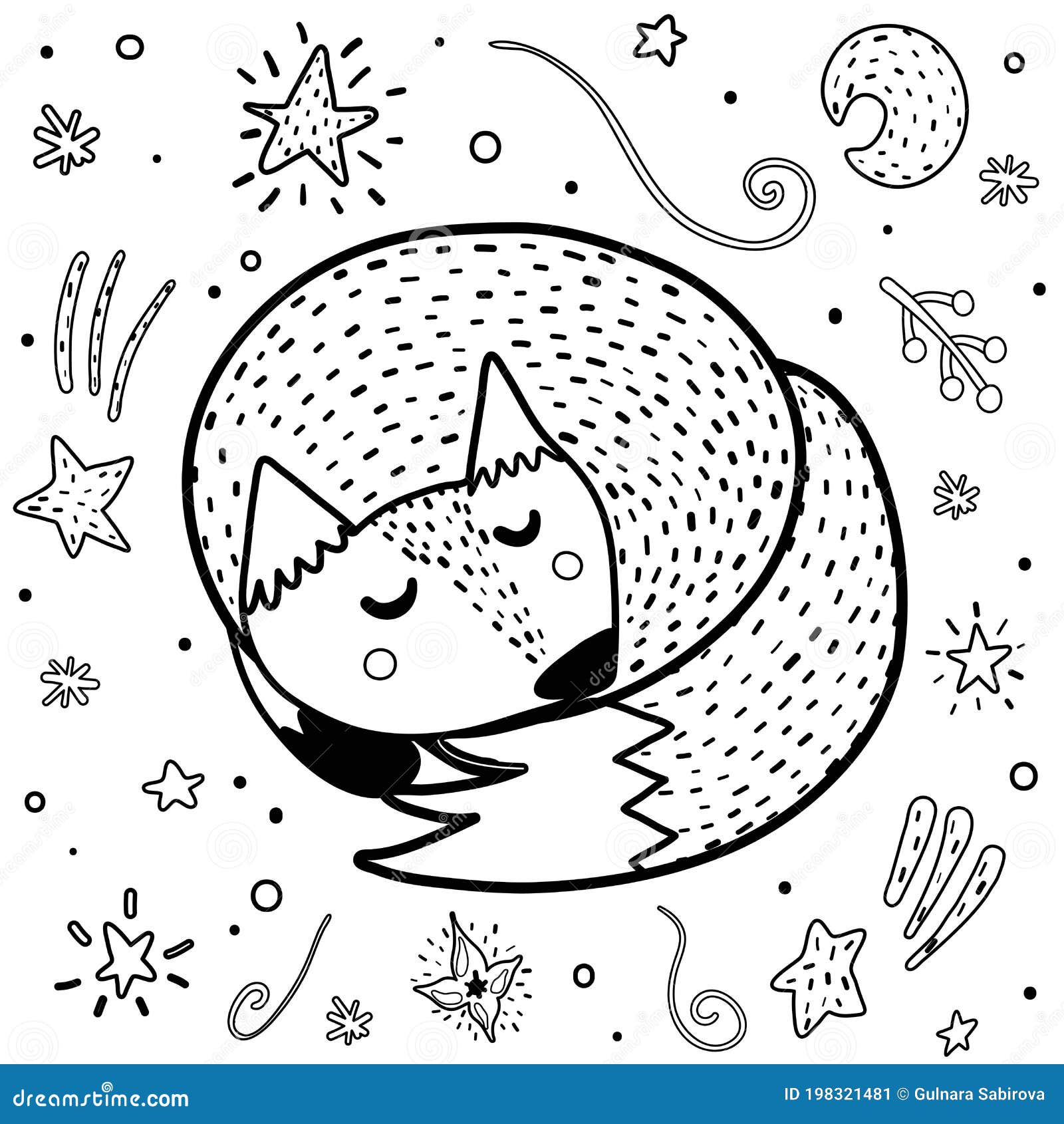Cute Sleeping Fox Coloring Page. Black and White Print with Funny ...
