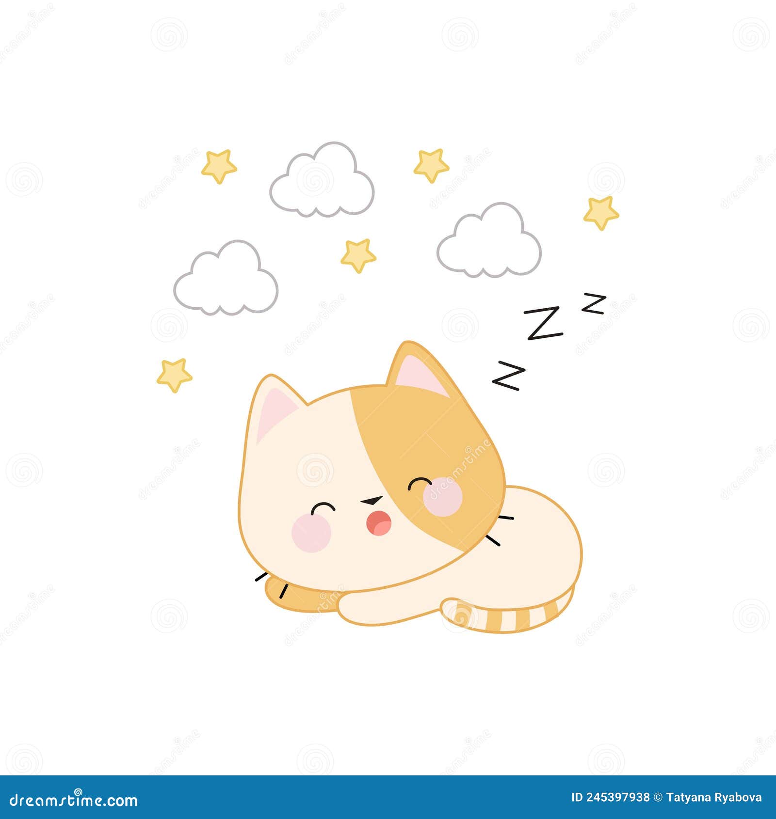 A Cute Sleeping Kitten with Clouds and Stars Flying Over it. Stock ...