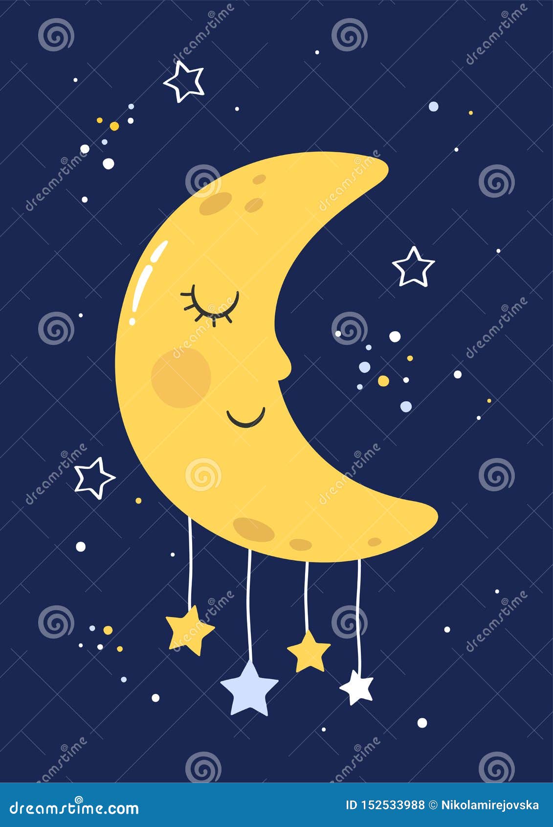Cute Sleeping Moon with Hanging Stars on Blue Background. Good ...
