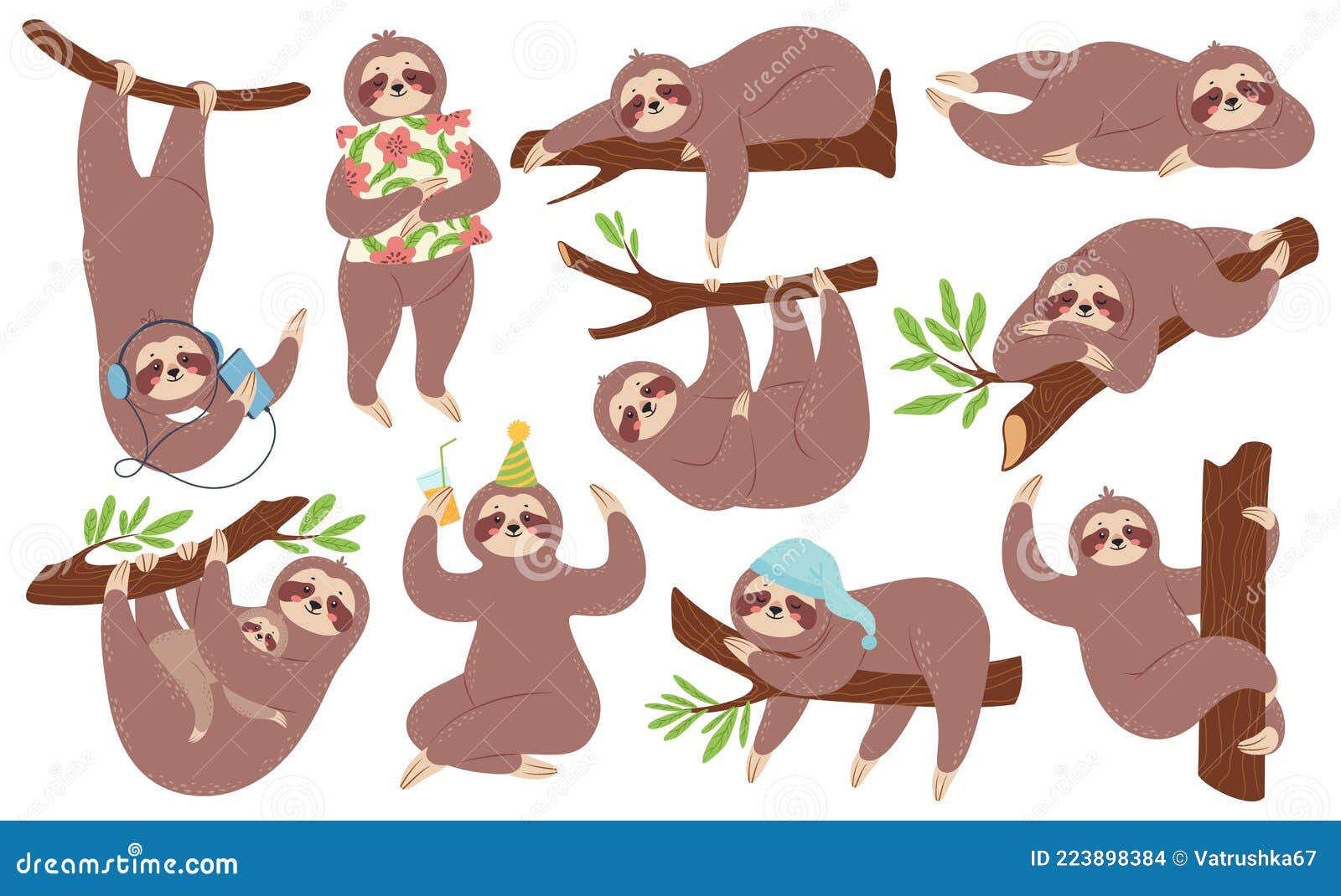 cute sloth. happy lazy sloths sleeping, hanging on branch, listening to music. funny slothful animals in various poses