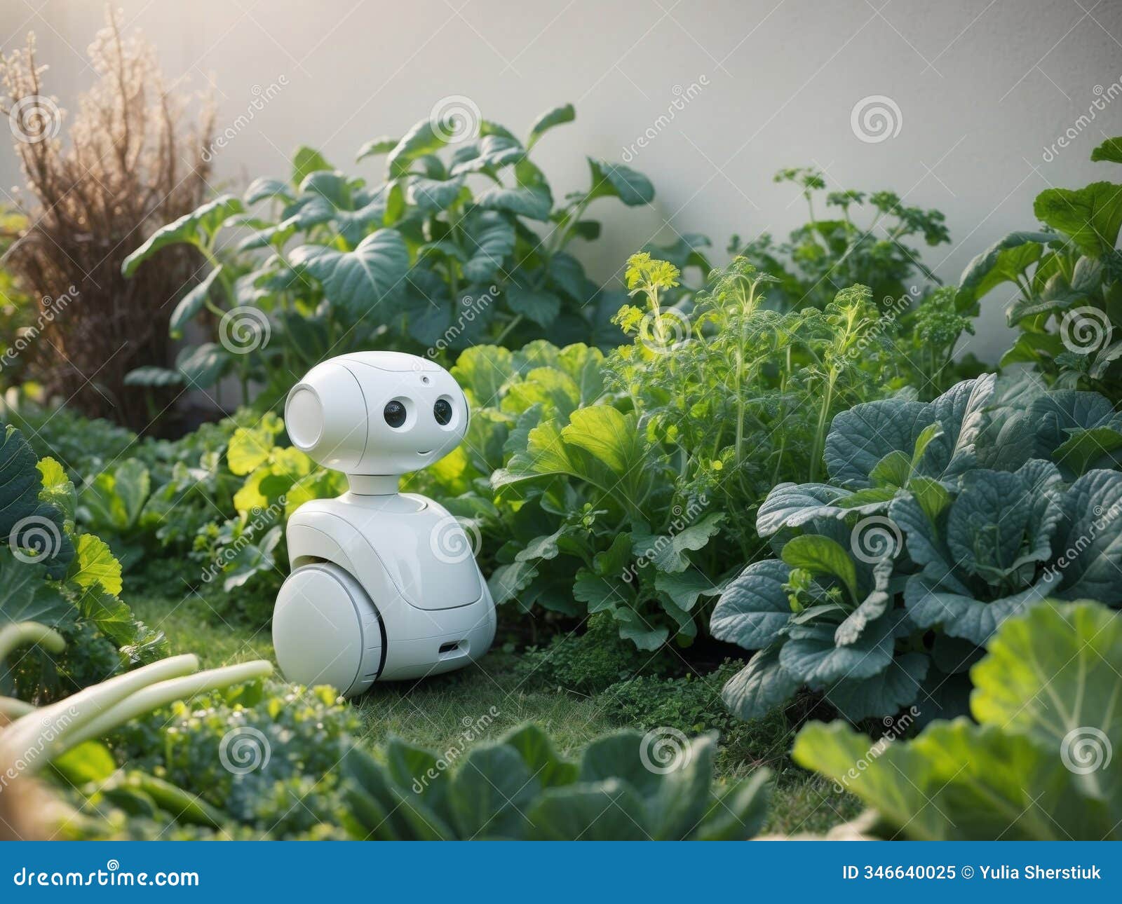 cute small white robot in lush green garden smart farming and agriculture concept.