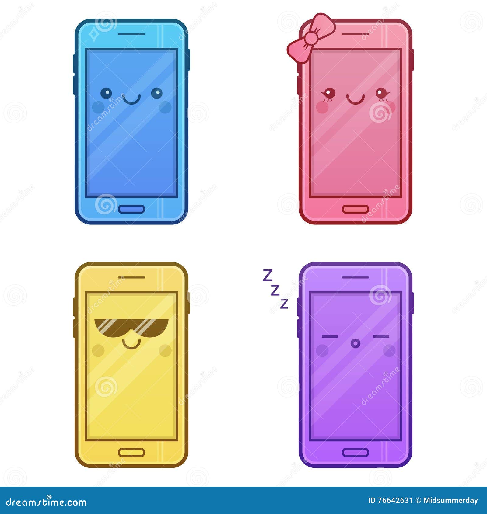 Cute Smartphone Characters. Set of Kawaii Cheerful Mobiles Stock Vector