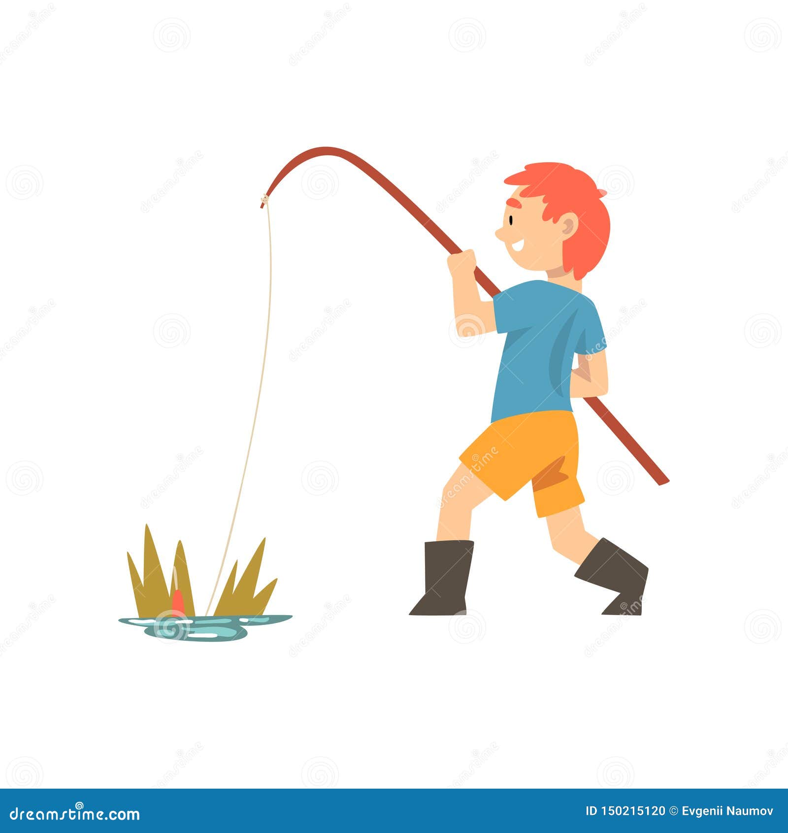 Cute Smiling Boy Fishing with Fishing Rod, Little Fisherman Cartoon ...