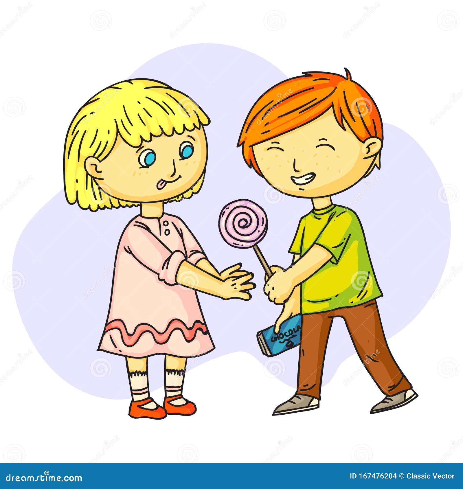 Cute Smiling Boy Sharing Sweets With Happy Girl Stock Vector