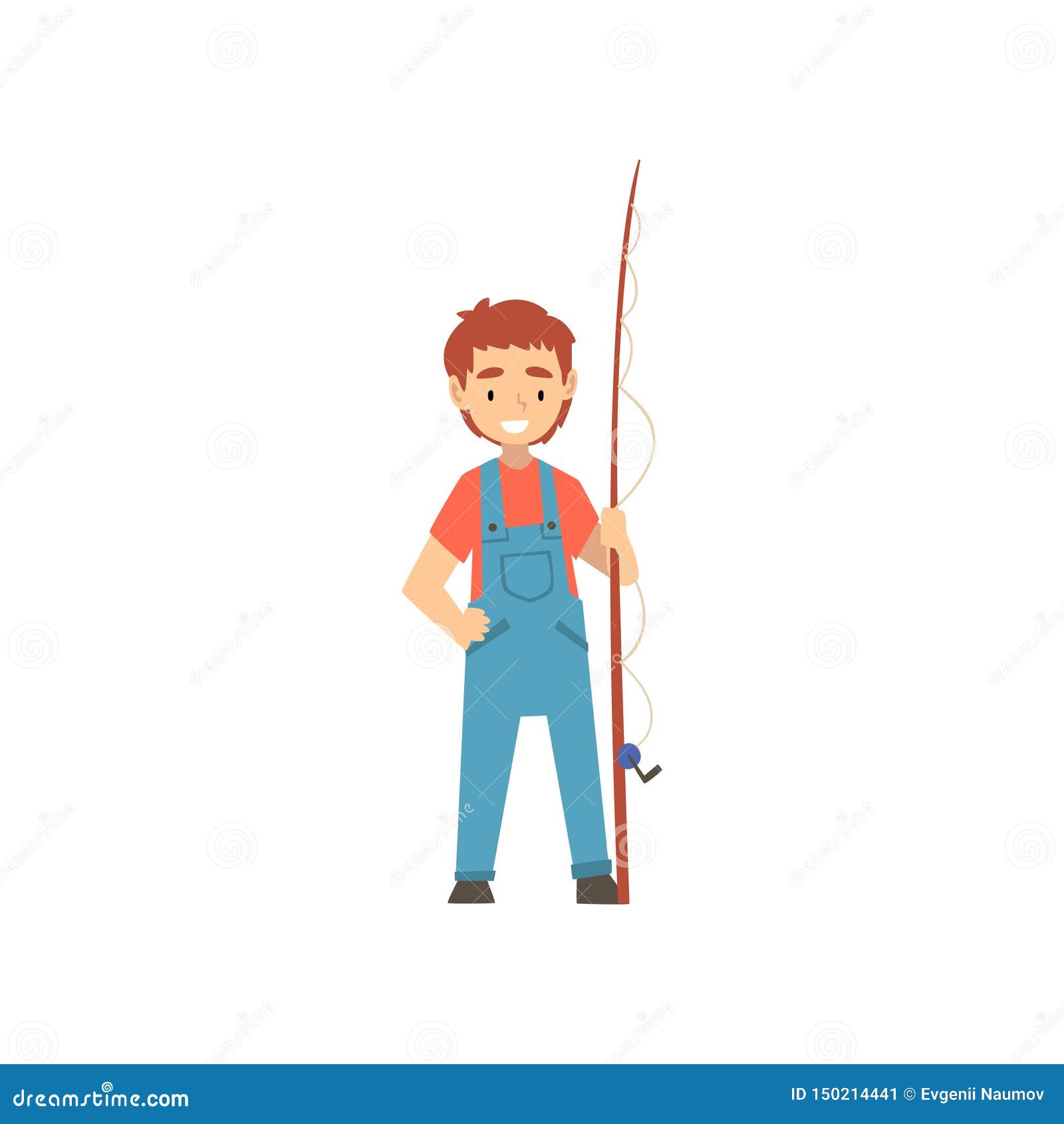 Cute Smiling Boy Standing with Fishing Rod, Little Fisherman Cartoon ...