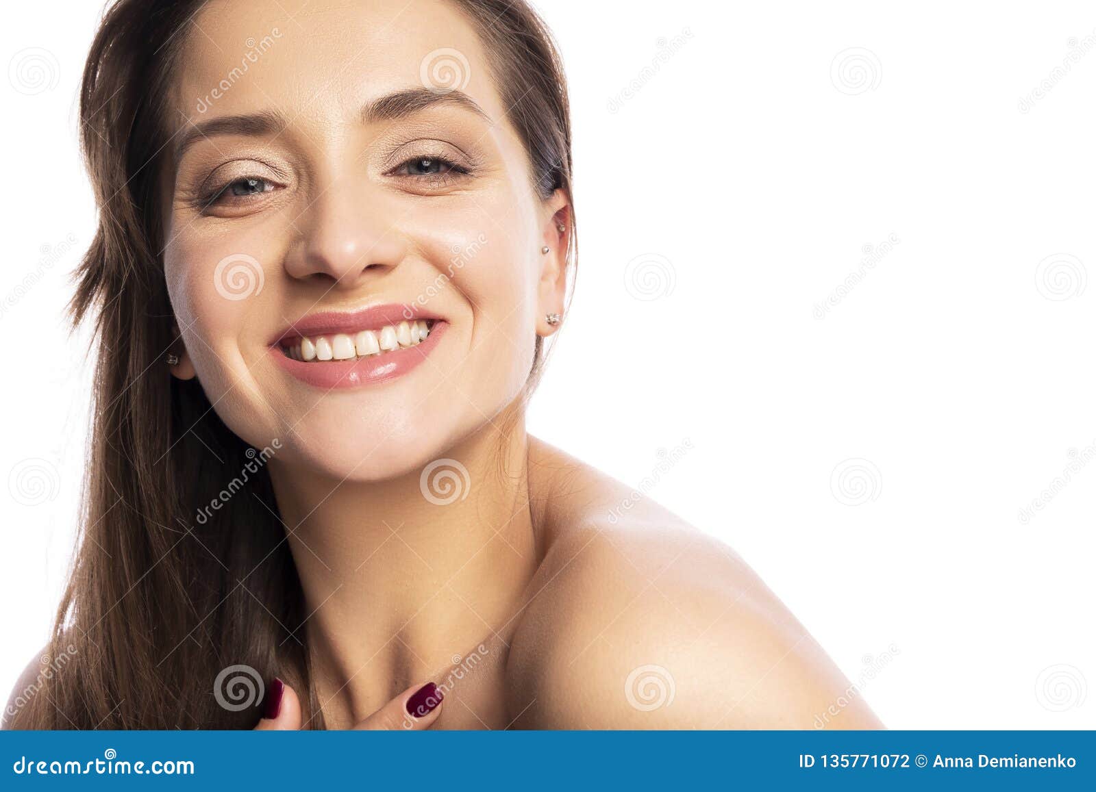 Cute Smiling Brunette Caucasian Woman Posing on Isolated Wh