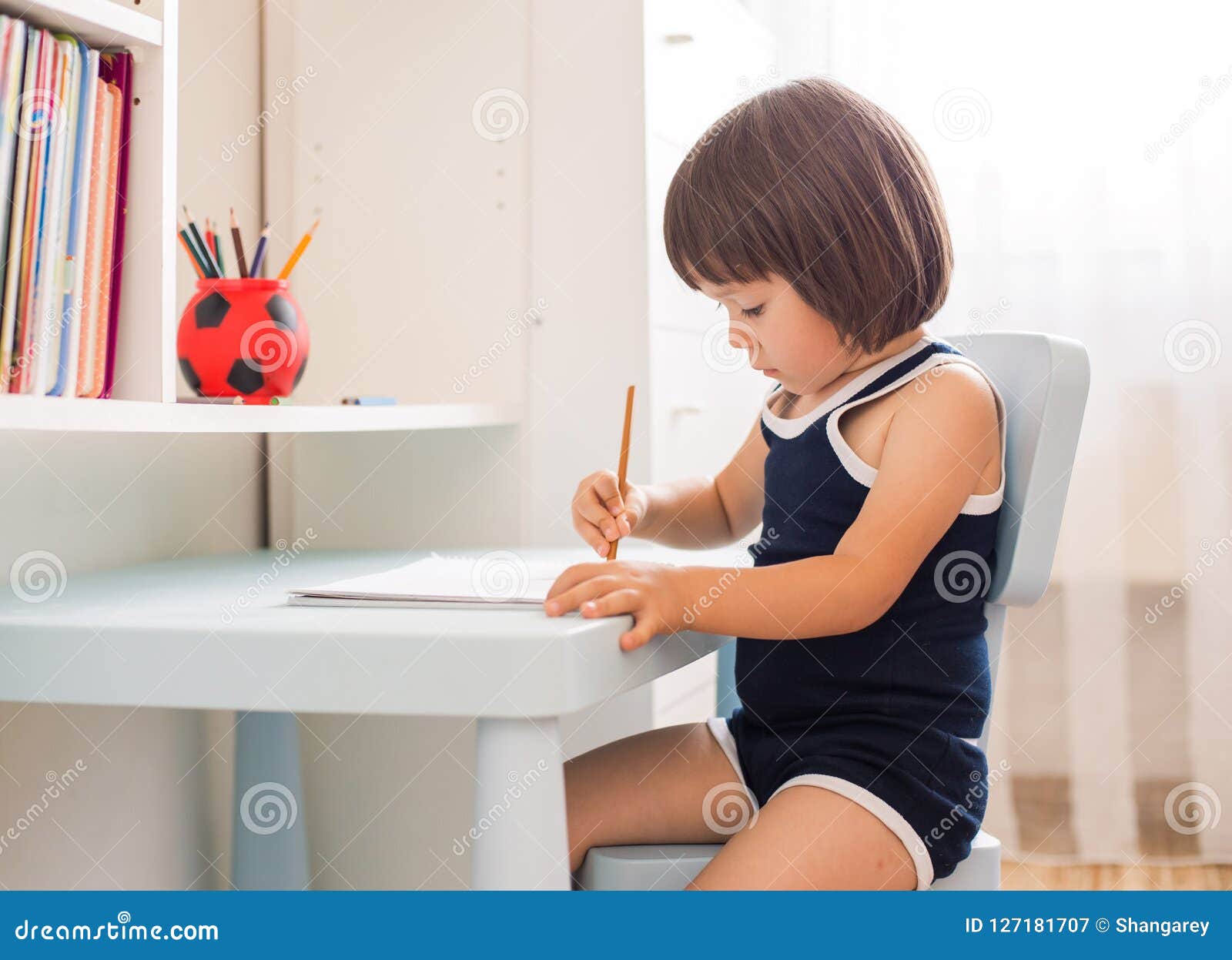 Cute Smiling Child Doing Homework Coloring Pages Writing And