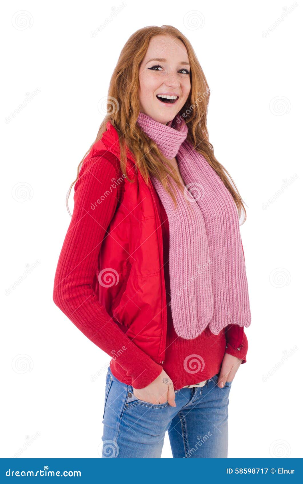 Cute Smiling Girl In Red Jacket And Jeans Isolated Stock Image Image Of Blouse Beauty 58598717