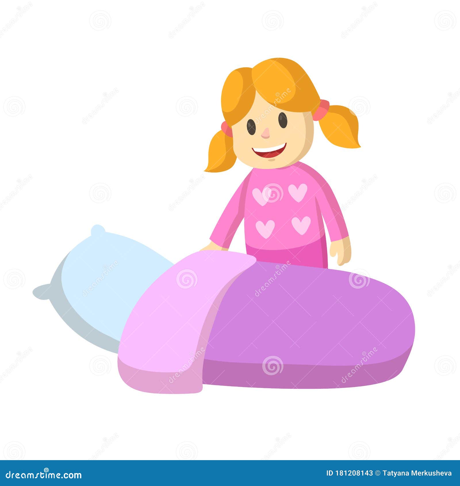 Cute Smiling Little Girl Going To Bed To Sleep. Flat Vector ...