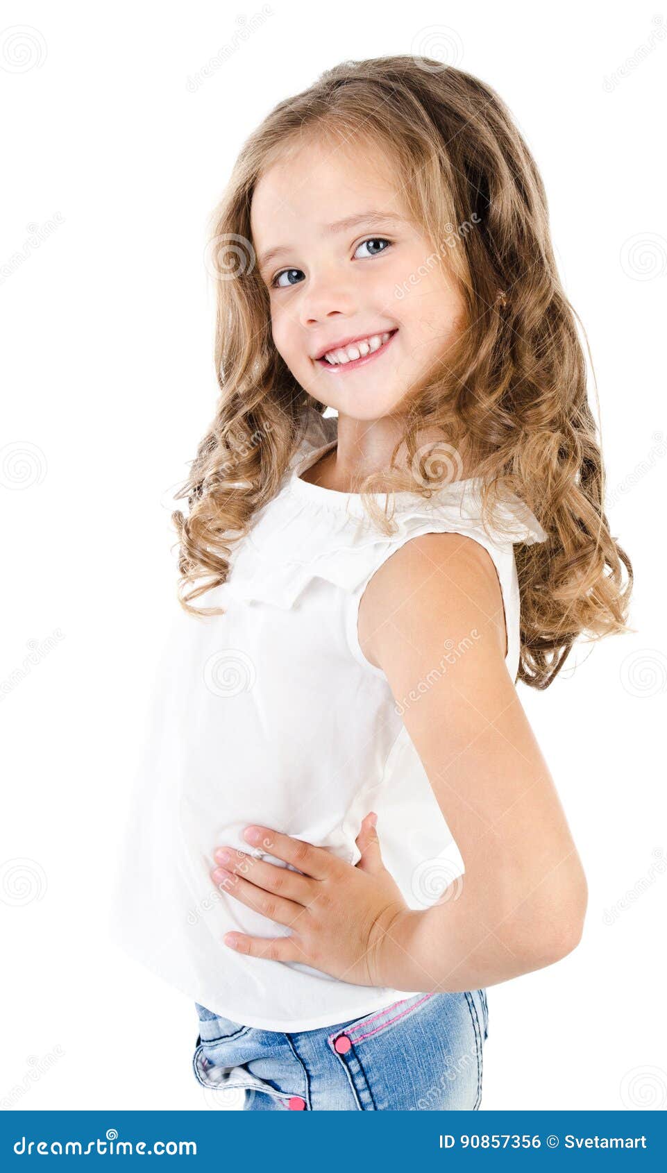 Cute Smiling Little Girl in Jeans Isolated Stock Photo - Image of ...