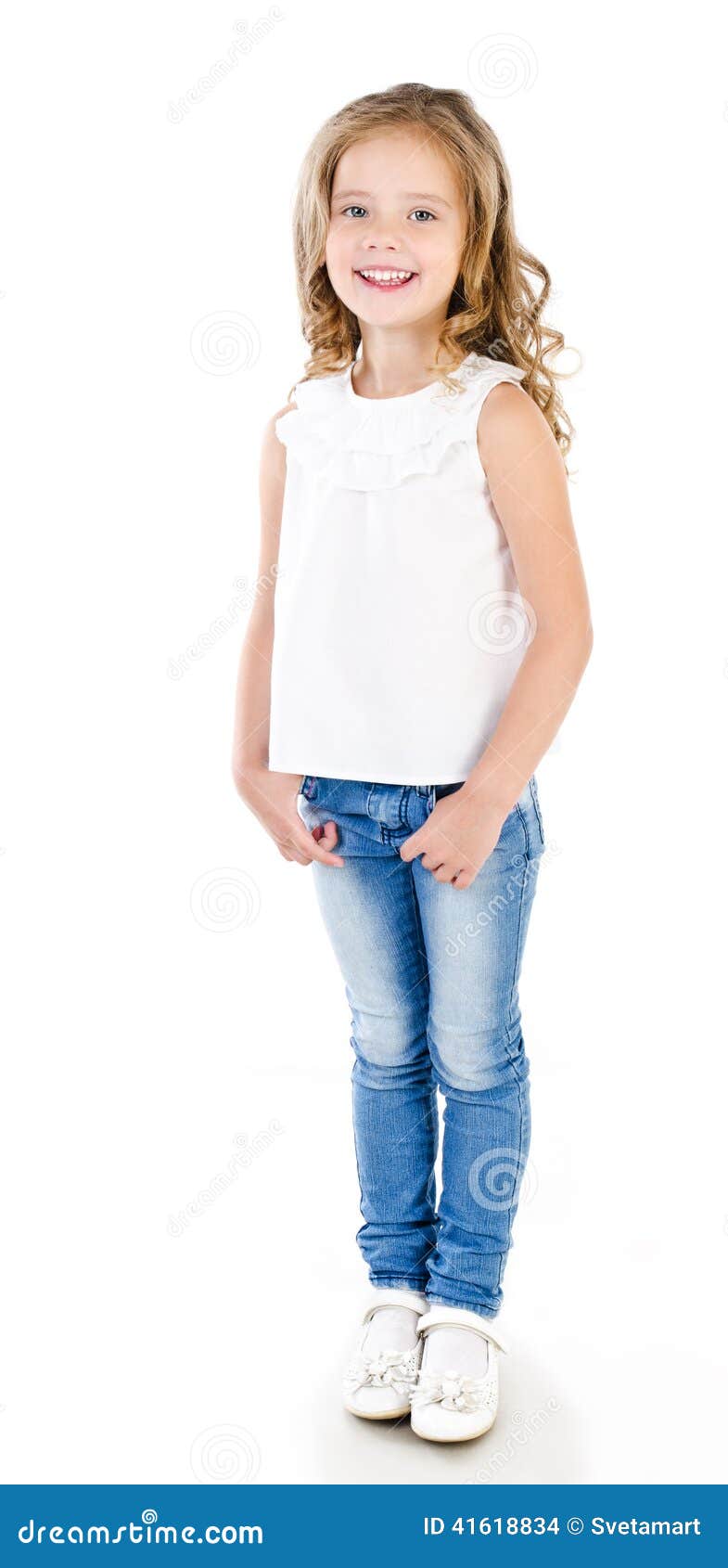 Cute Smiling Little Girl in Jeans Isolated Stock Photo - Image of blue ...