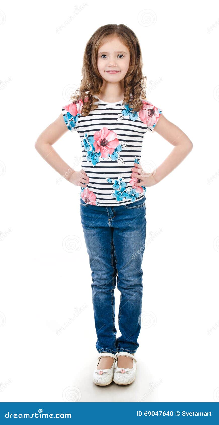 Cute Smiling Little Girl in Jeans Isolated Stock Photo - Image of jeans ...