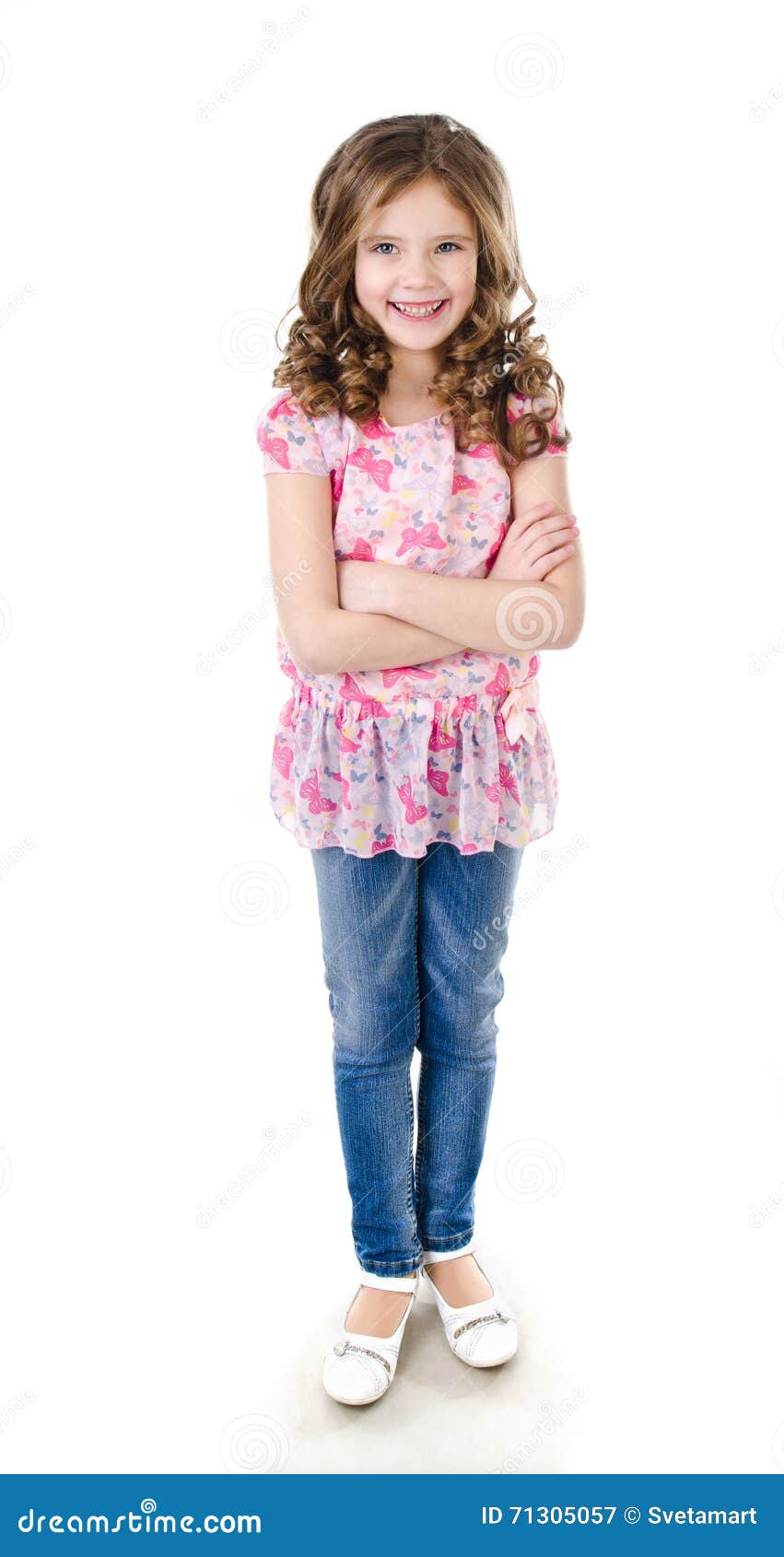 Cute Smiling Little Girl in Jeans Isolated Stock Image - Image of ...