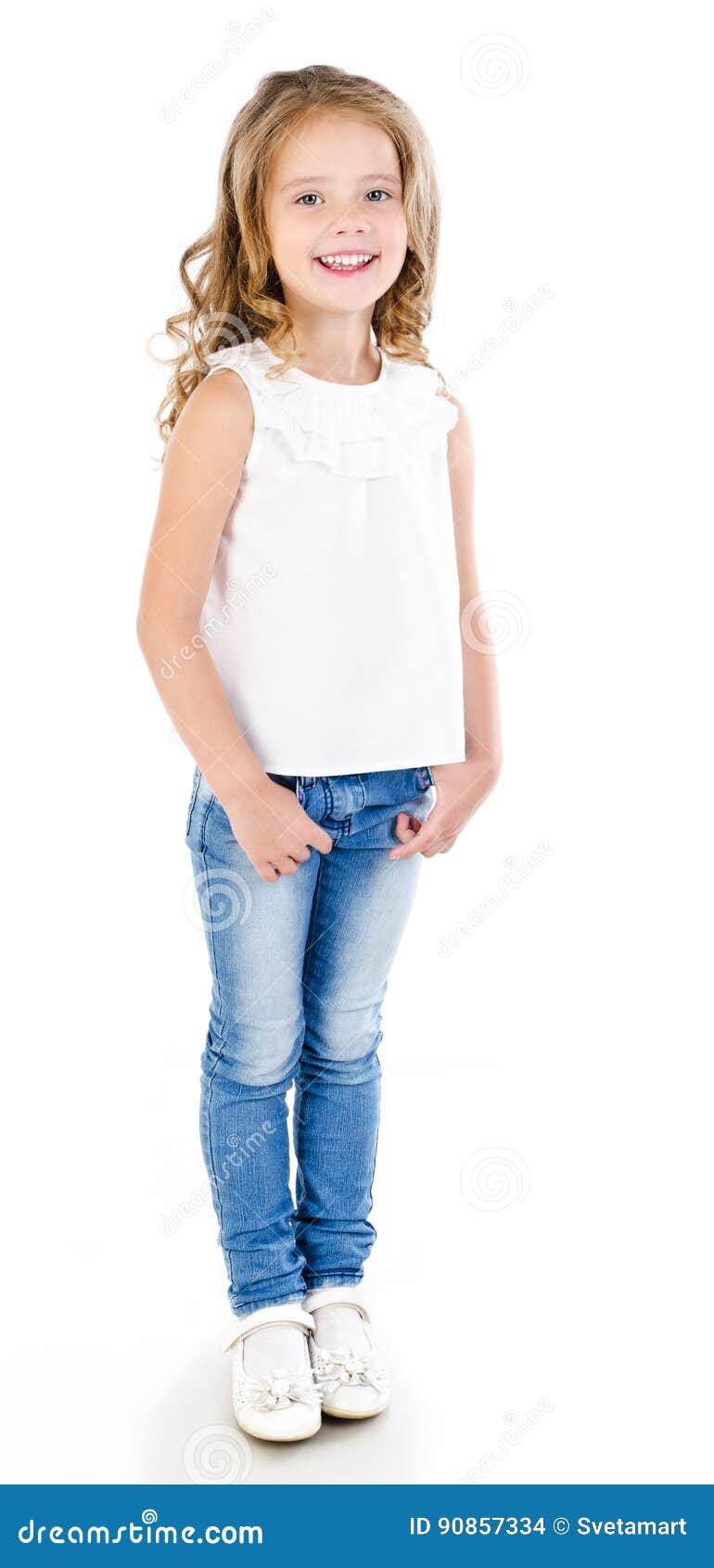 Cute Smiling Little Girl in Jeans Isolated Stock Photo - Image of ...