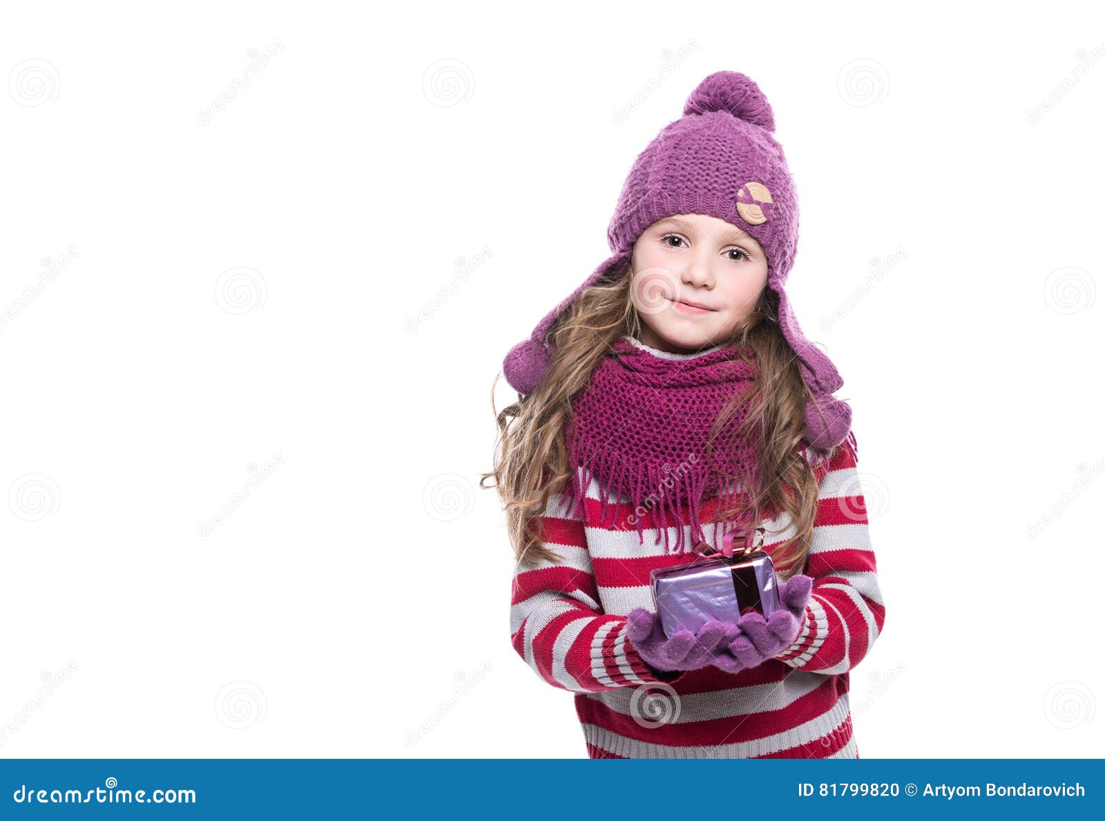 Cute Smiling Little Girl Wearing Purple Knitted Scarf, Hat and Gloves ...