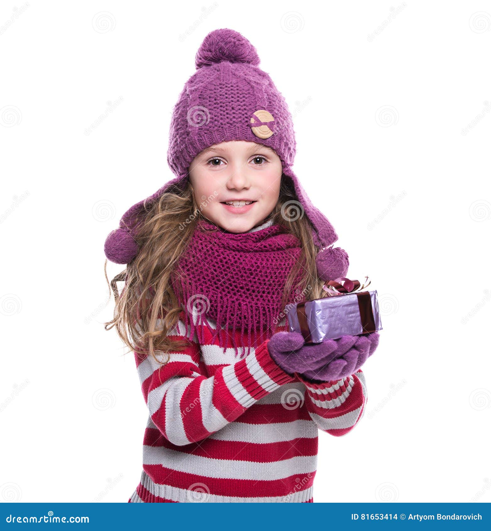 Cute Smiling Little Girl Wearing Purple Knitted Scarf, Hat and Gloves ...