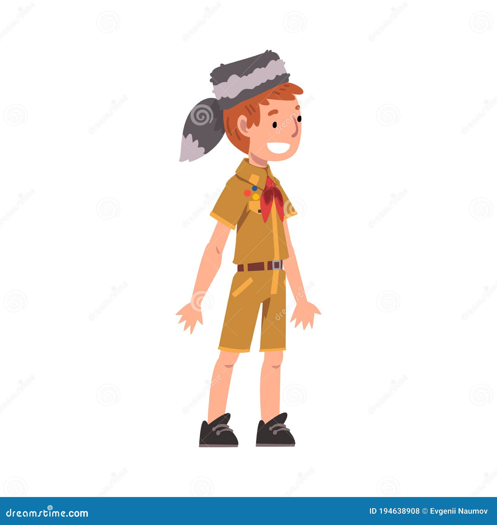 cute smiling scout boy, scouting kid character wearing uniform, neckerchief and coonskin cap, summer camp activities