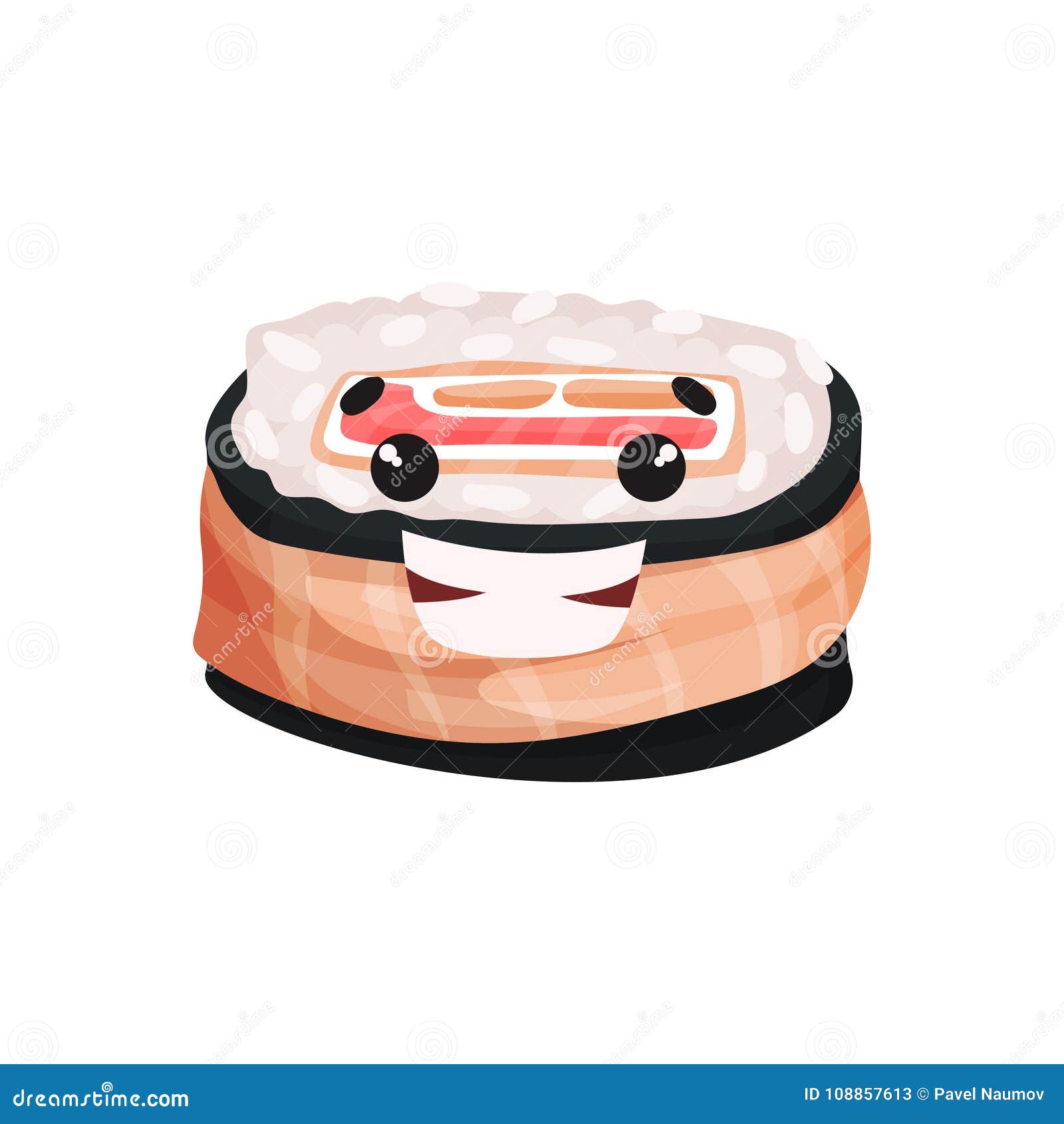 Cute Smiling Sushi Character, Roll With Funny Face Cartoon Vector