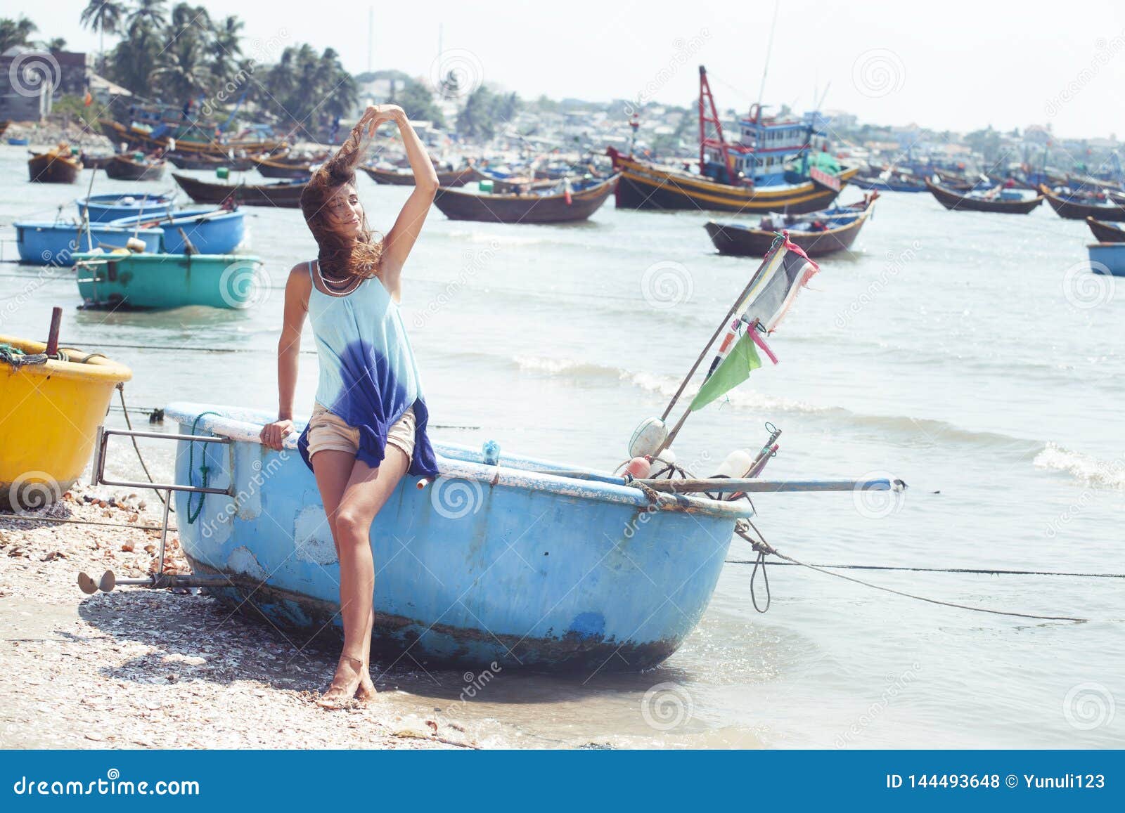 Cute Smiling Young Real Woman in Asian Country Sea Port, Vietnam ...